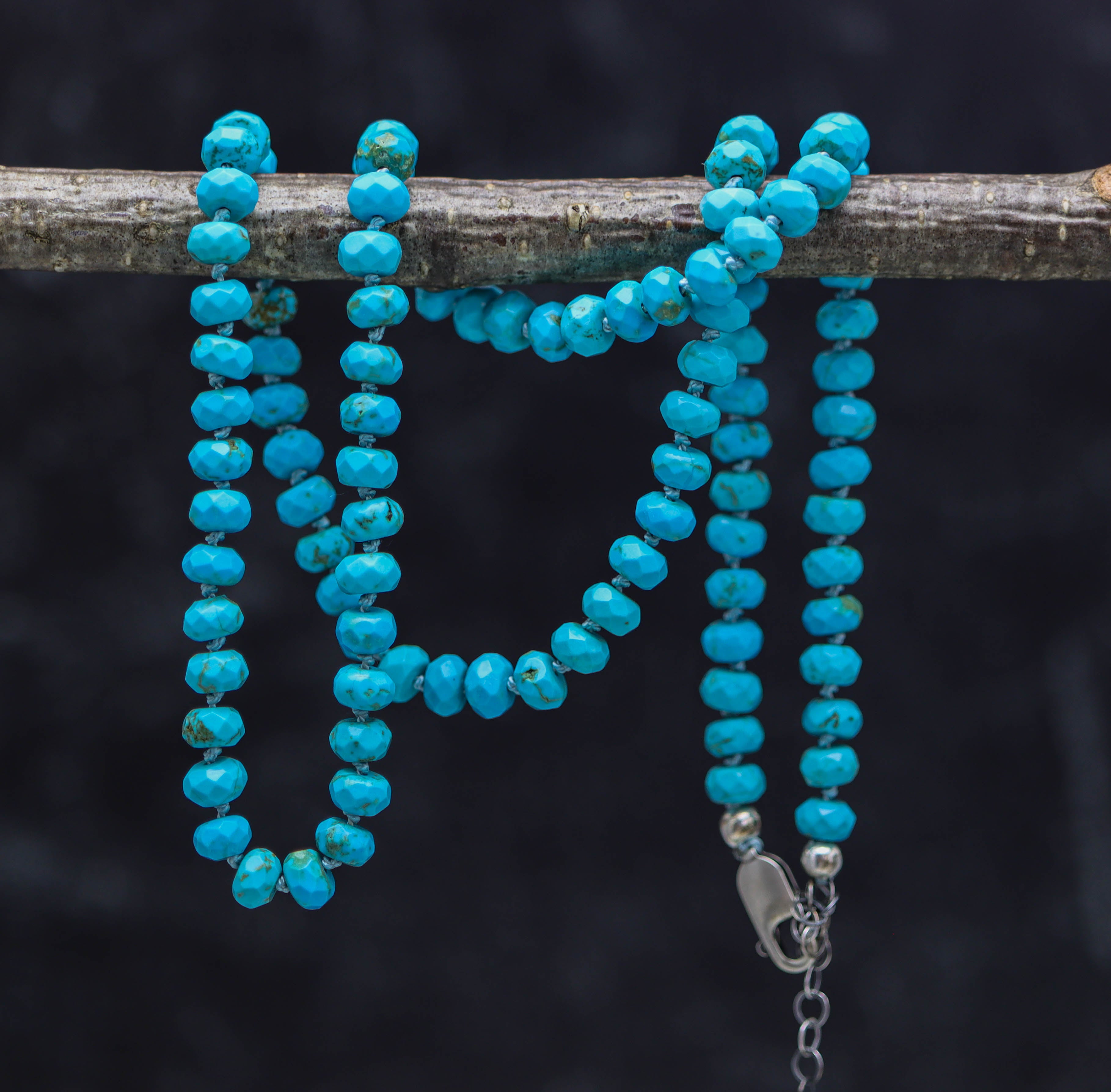 Faceted Turquoise Hand Knotted Bead Necklace Sterling Silver 21 inch