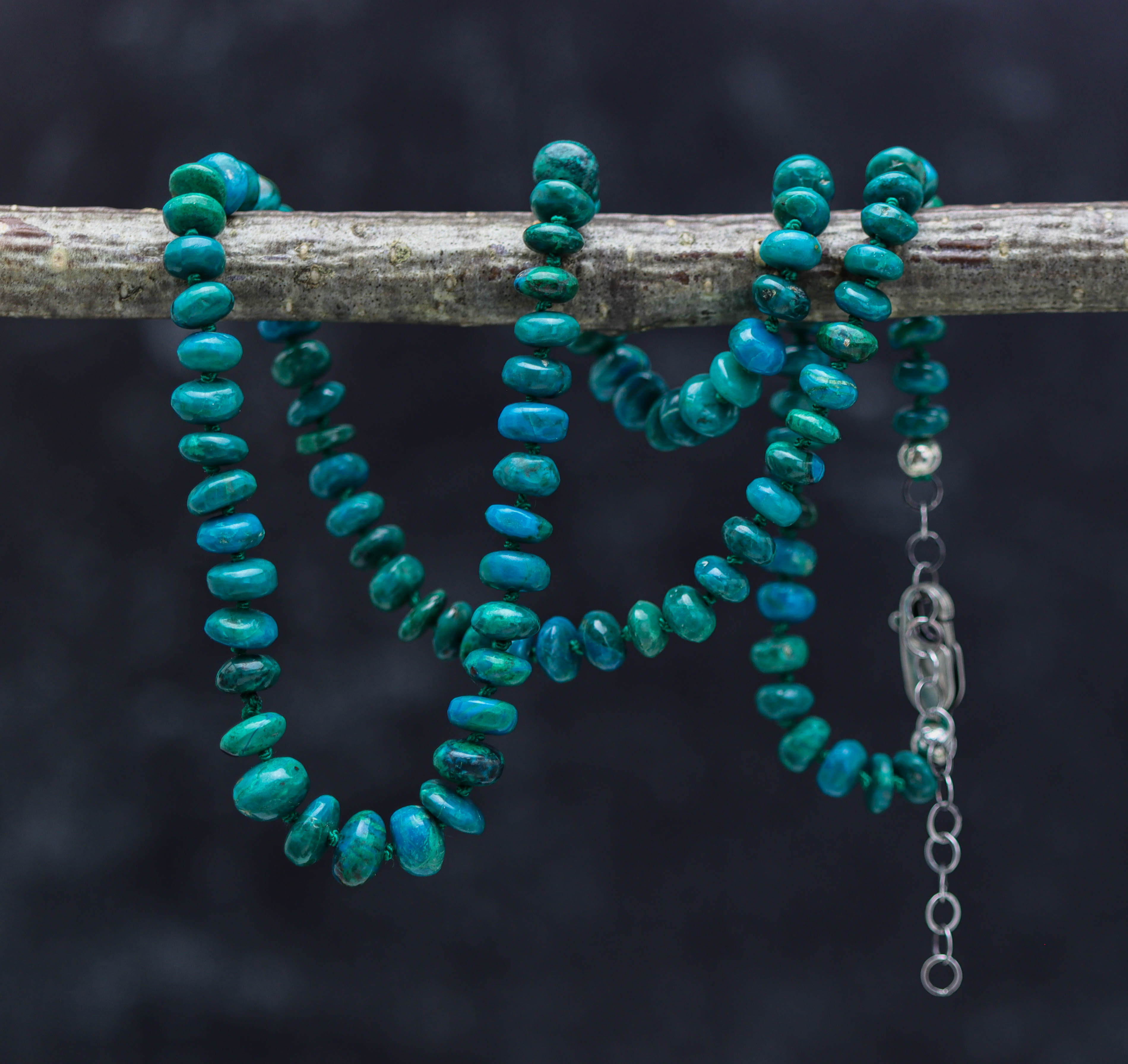 Chrysocolla Hand Knotted Bead Necklace Sterling Silver