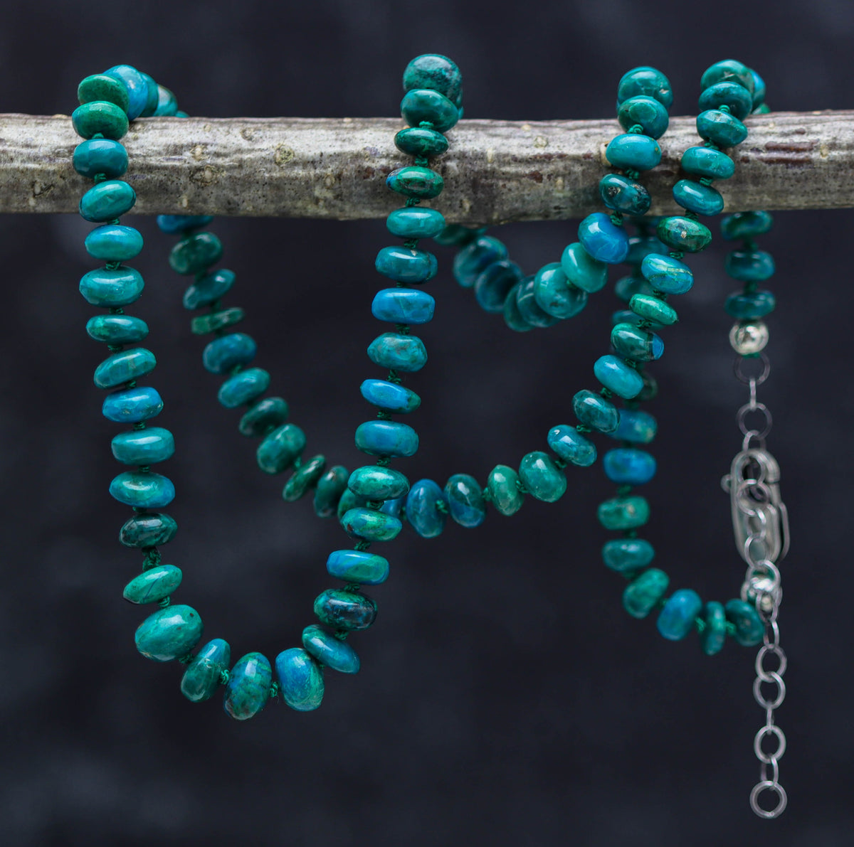 Chrysocolla Hand Knotted Bead Necklace Sterling Silver
