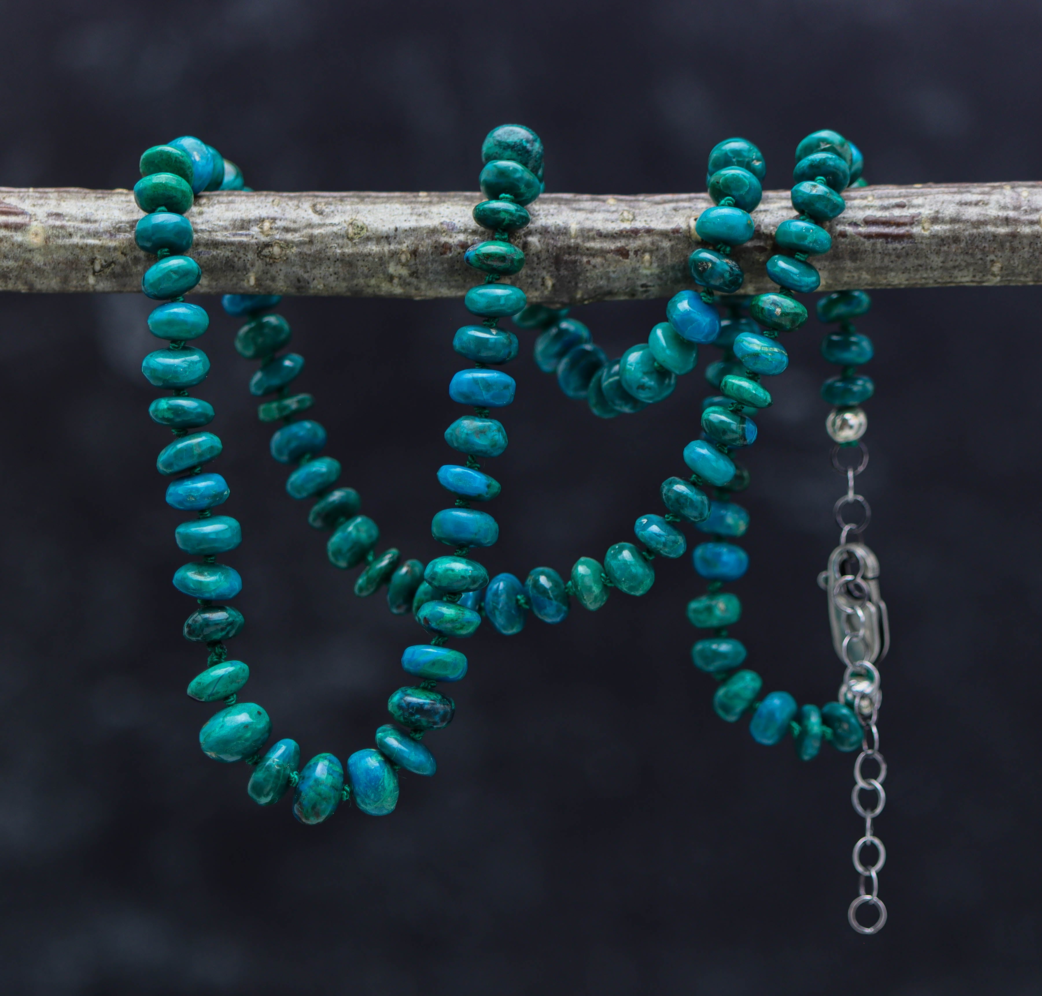 Chrysocolla Hand Knotted Bead Necklace Sterling Silver