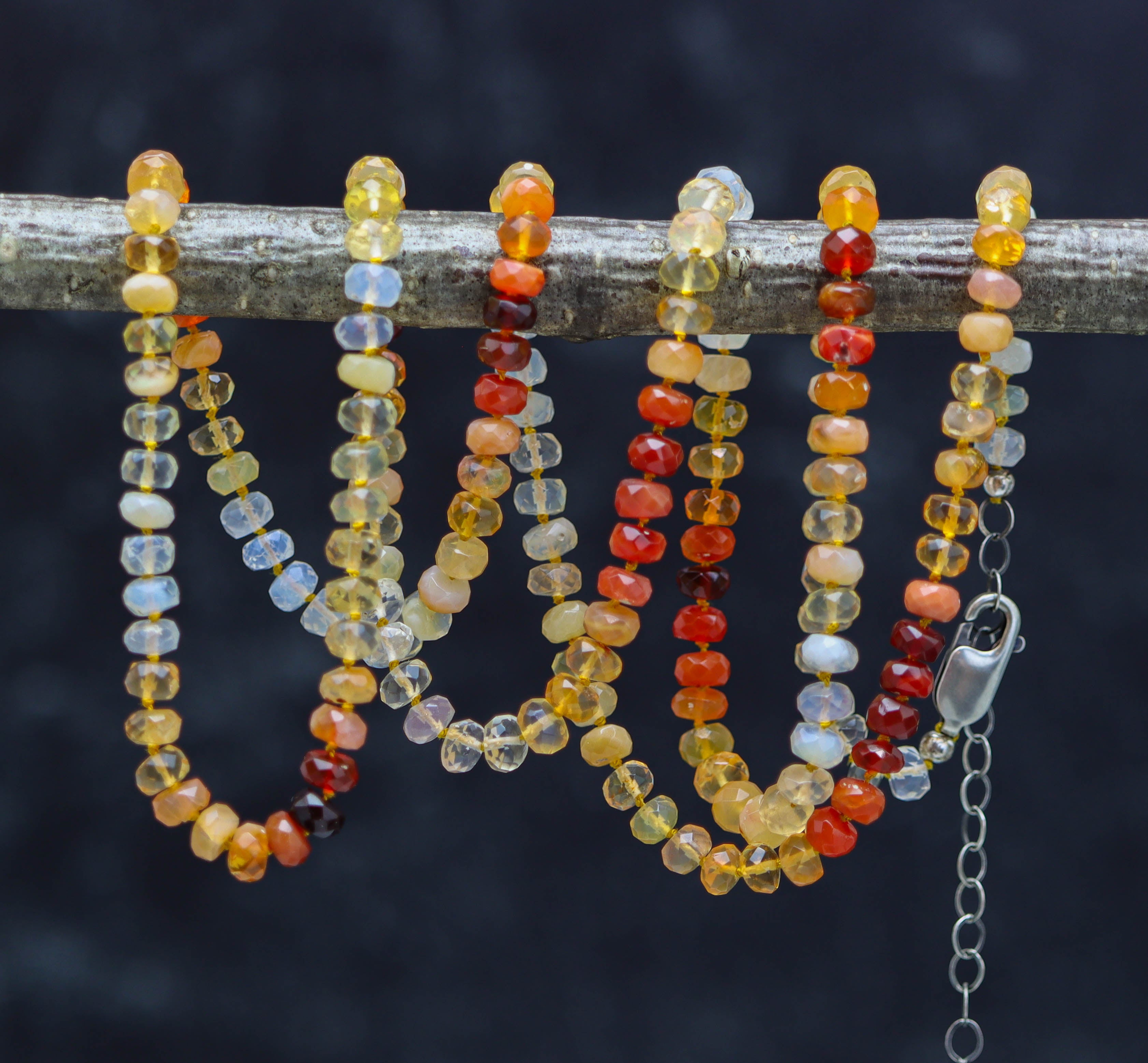 Mexican Fire Opal Hand Knotted Bead Necklace Sterling Silver