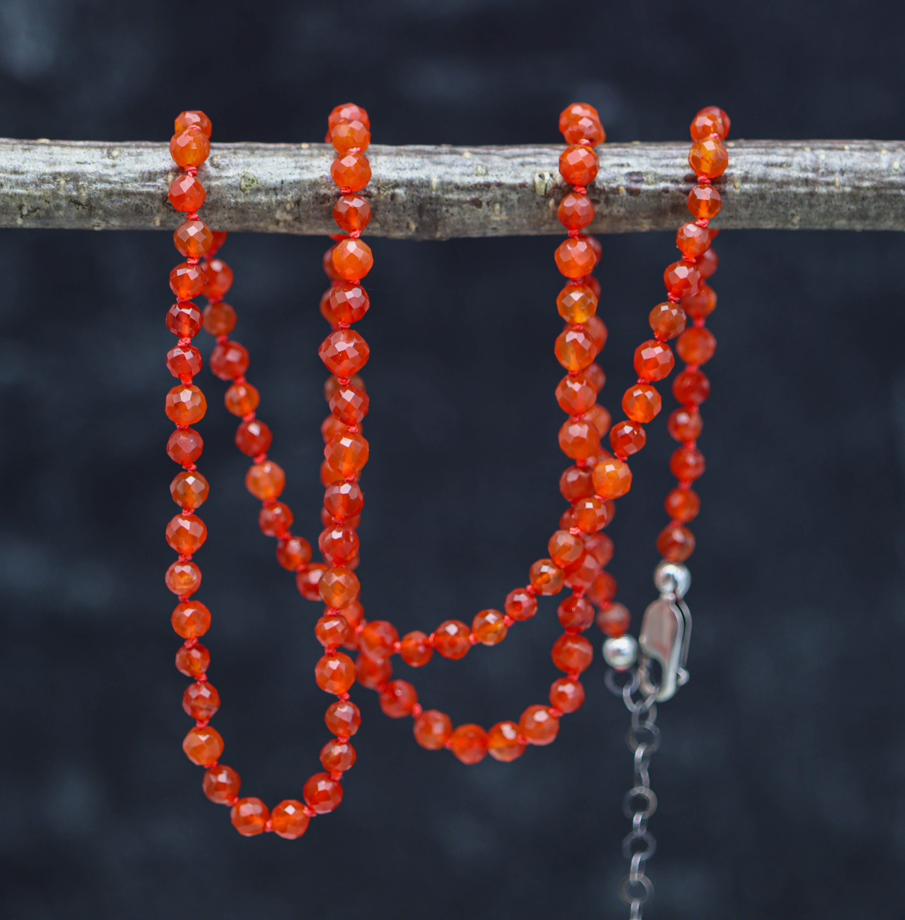 Juicy Orange Carnelian Hand Knotted Bead Necklace Sterling Silver