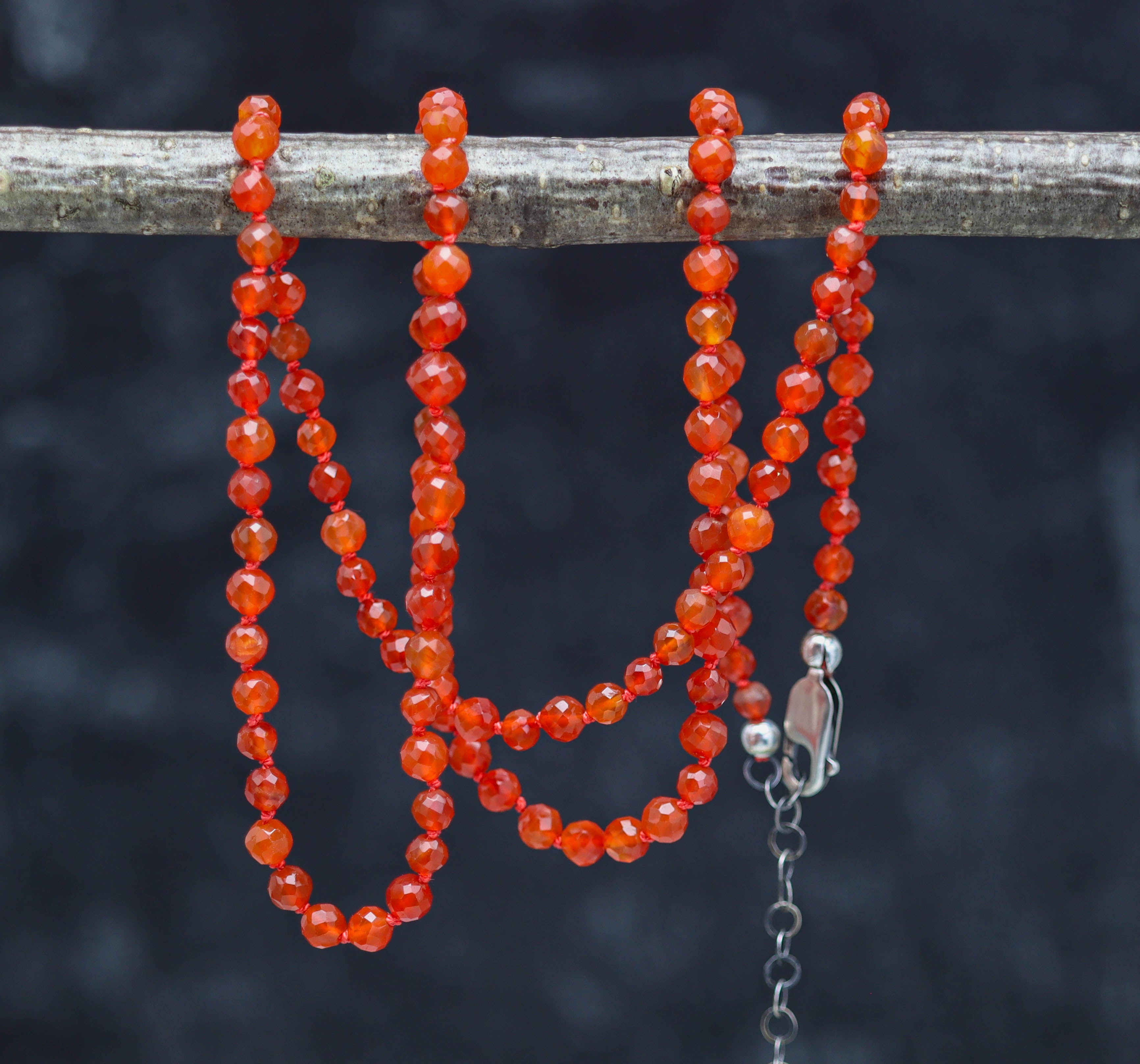 Orange Carnelian Hand Knotted Bead Necklace Sterling Silver