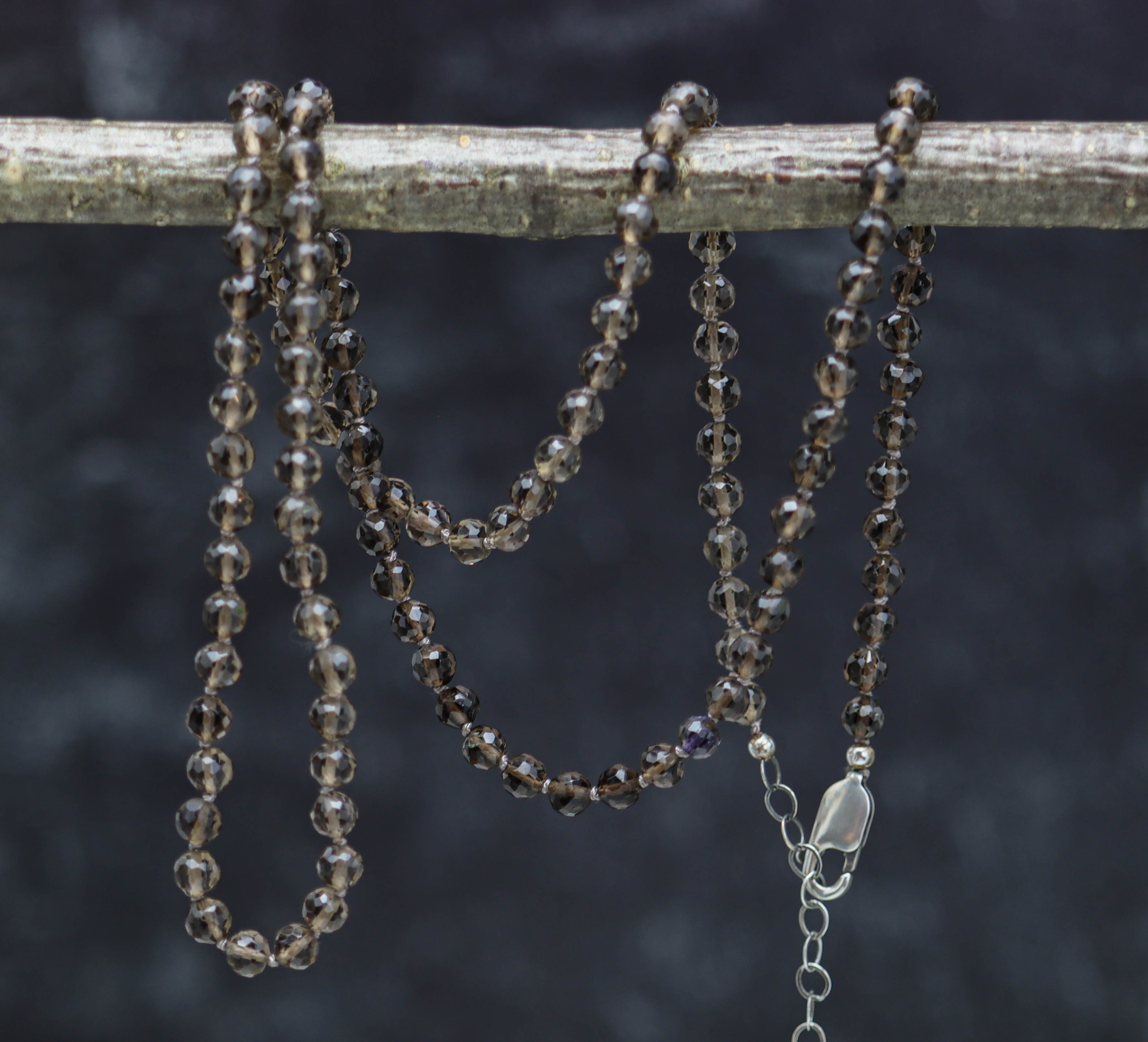 Smoky Quartz Hand Knotted Bead Necklace Sterling Silver