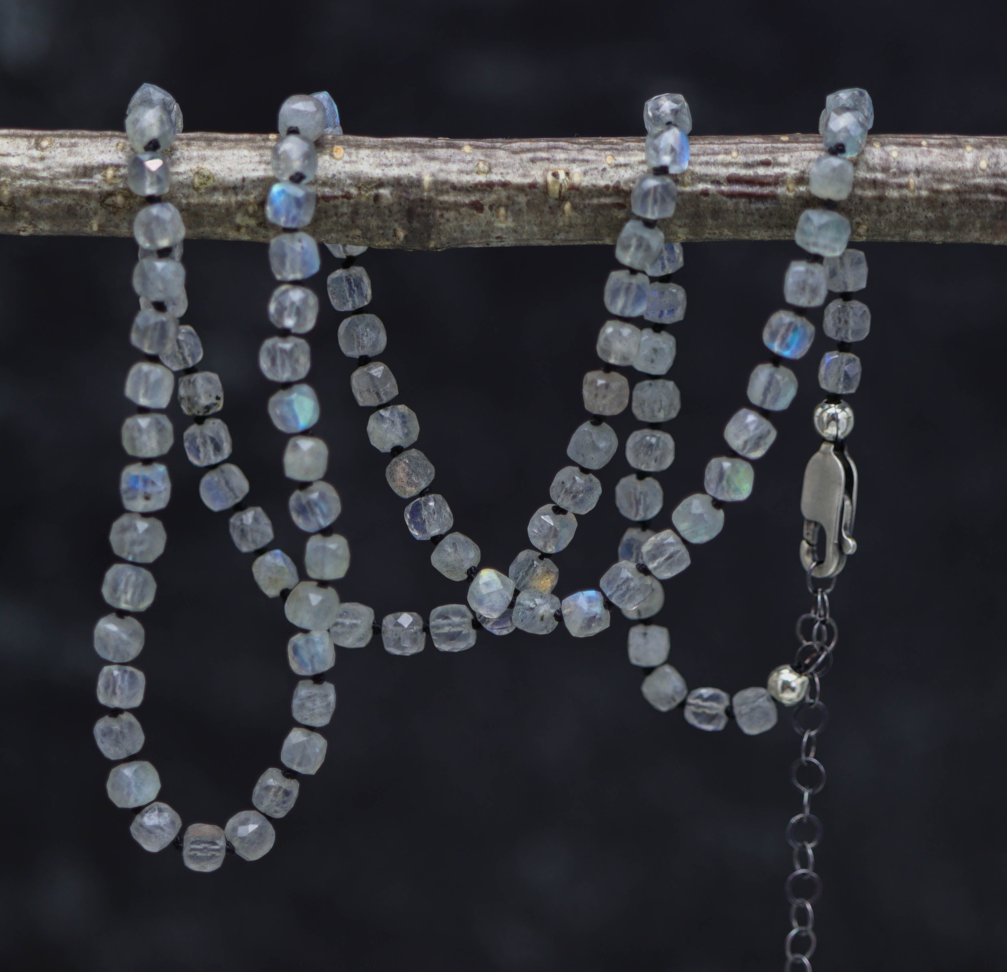 Sparkly Labradorite Faceted Cubes Hand Knotted Bead Necklace Sterling Silver