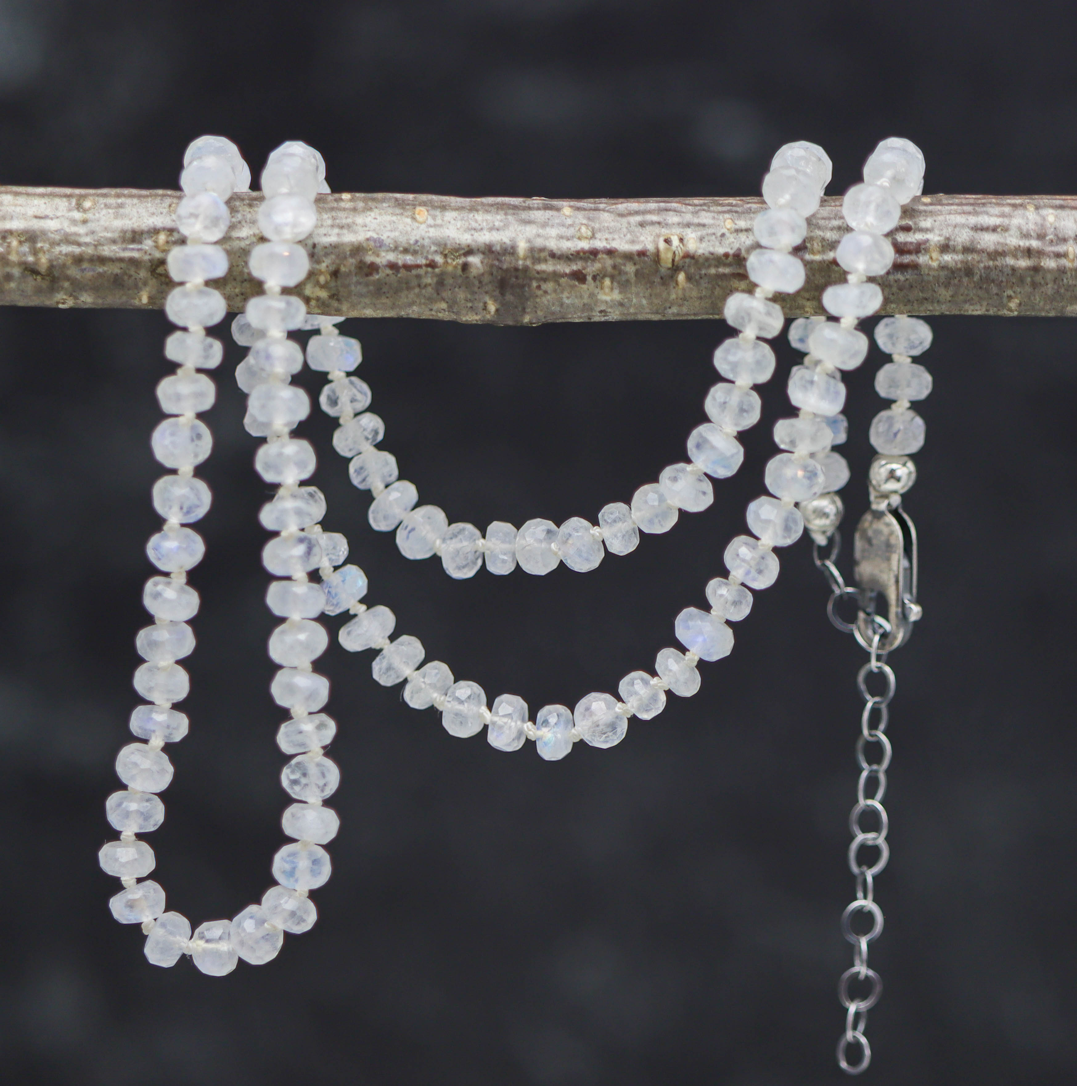 Rainbow Moonstone Hand Knotted Bead Necklace Sterling Silver 18 inch