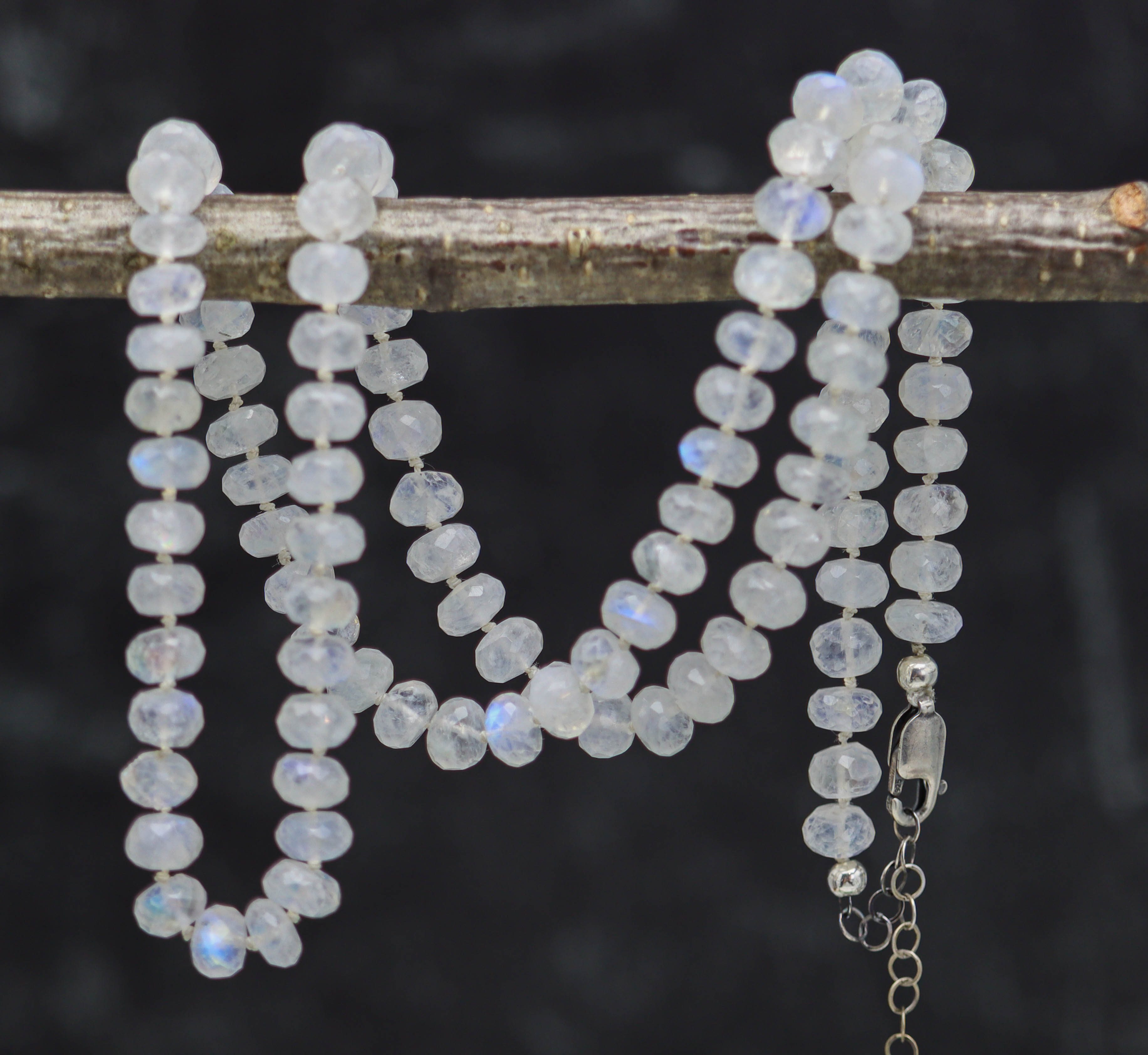 Rainbow Moonstone Hand Knotted Bead Necklace Sterling Silver