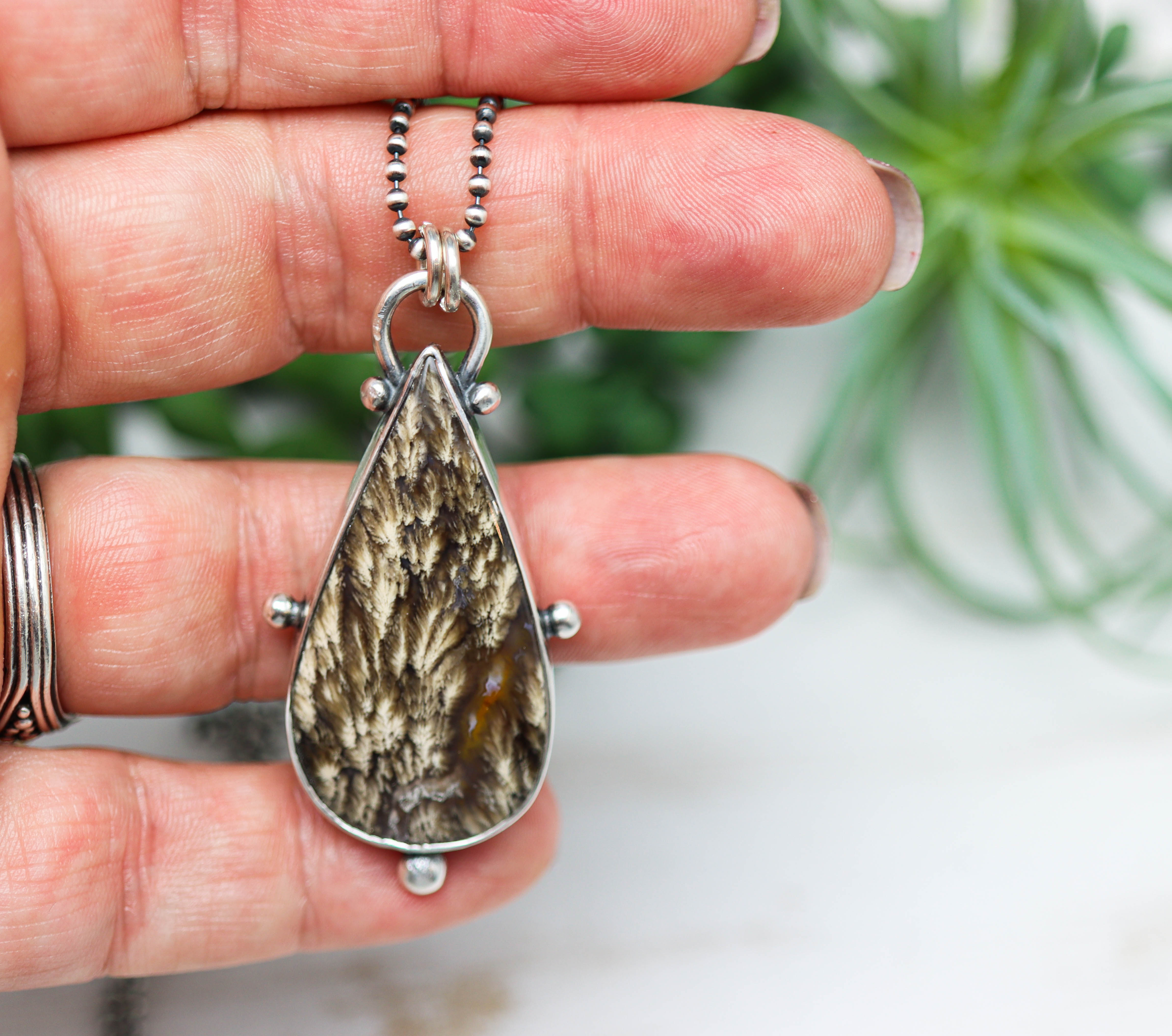 Plume Agate Pendant Necklace Sterling Silver