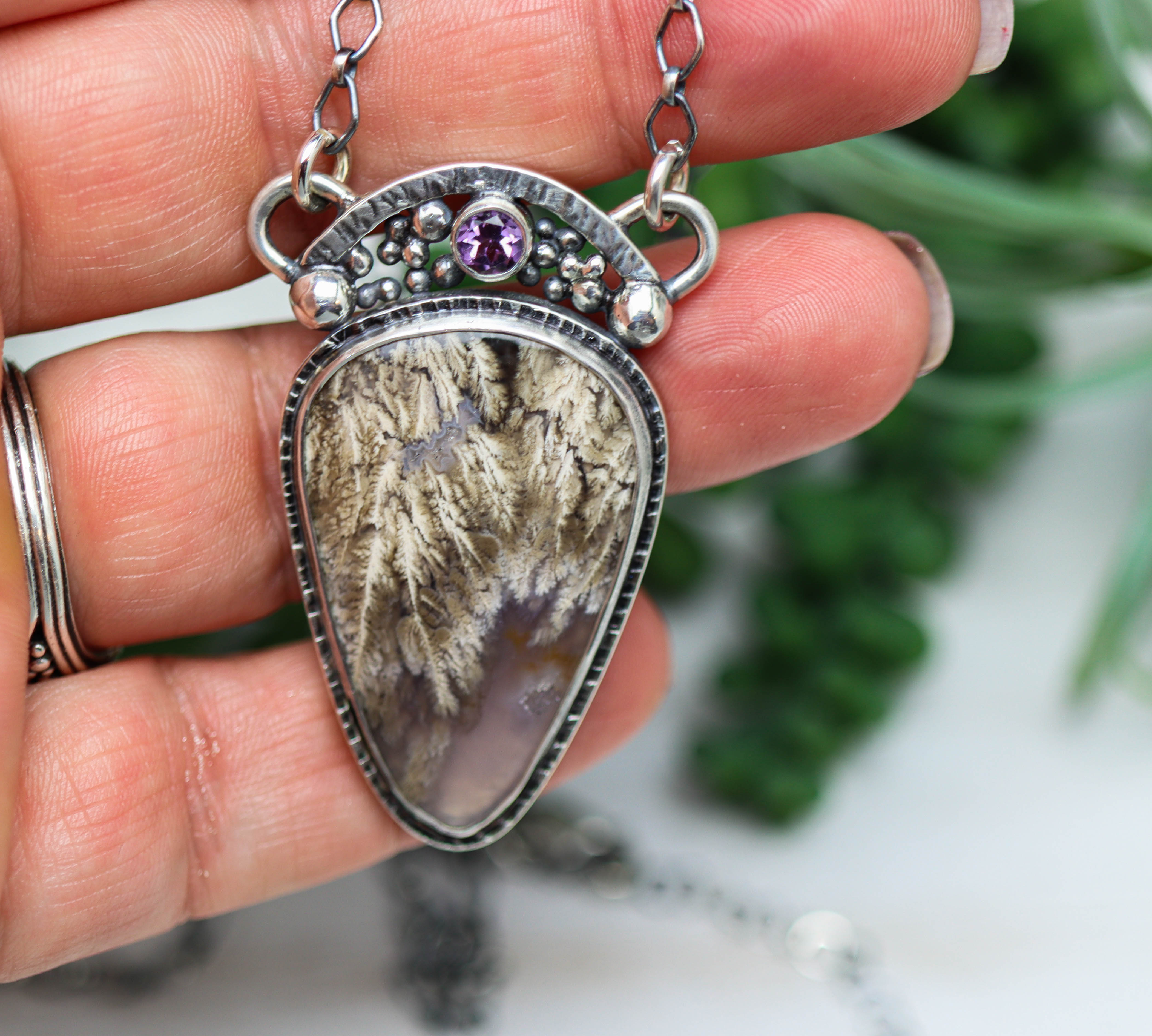 Plume Agate & Amethyst Pendant Necklace Sterling Silver