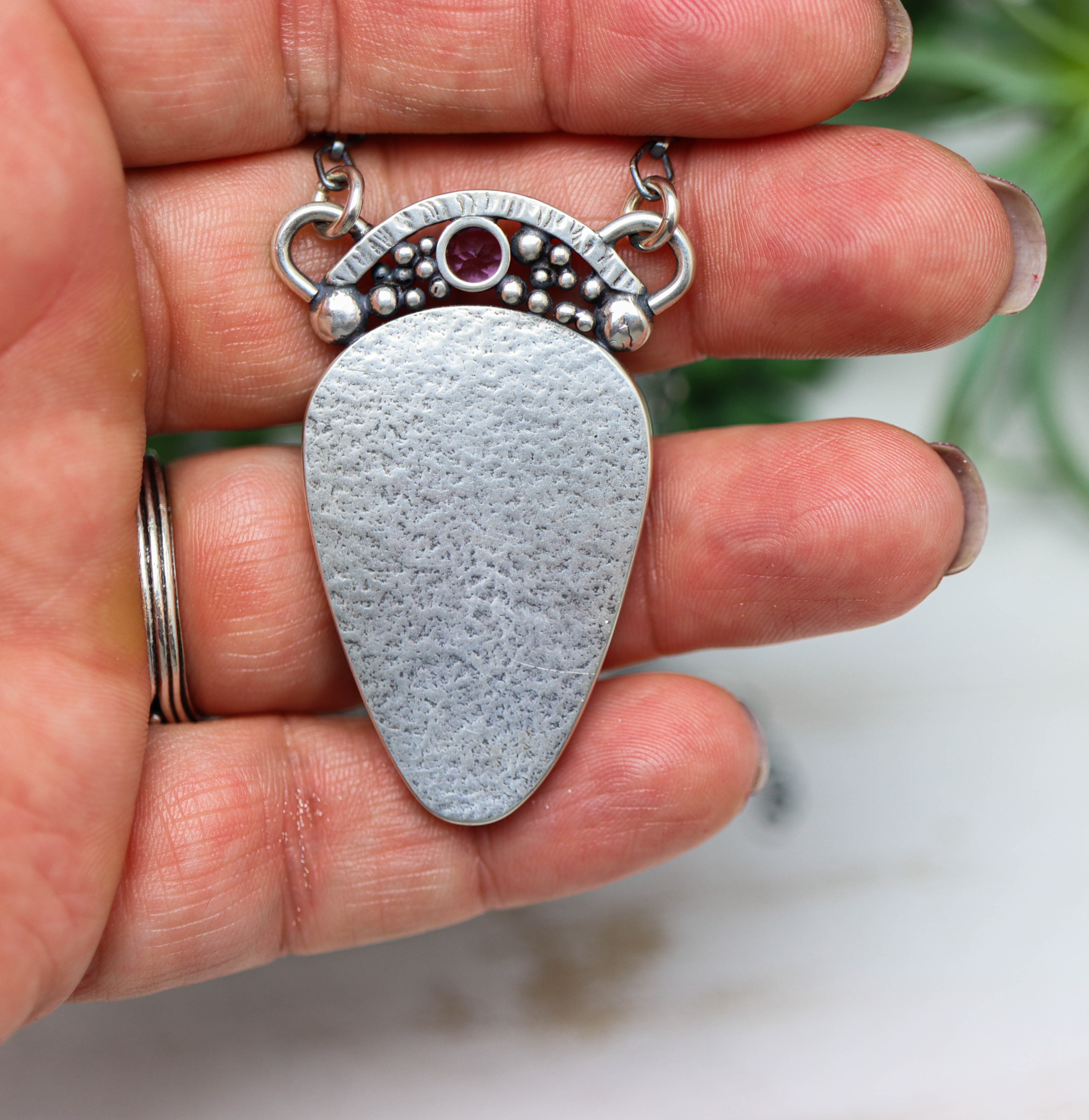 Plume Agate & Amethyst Pendant Necklace Sterling Silver