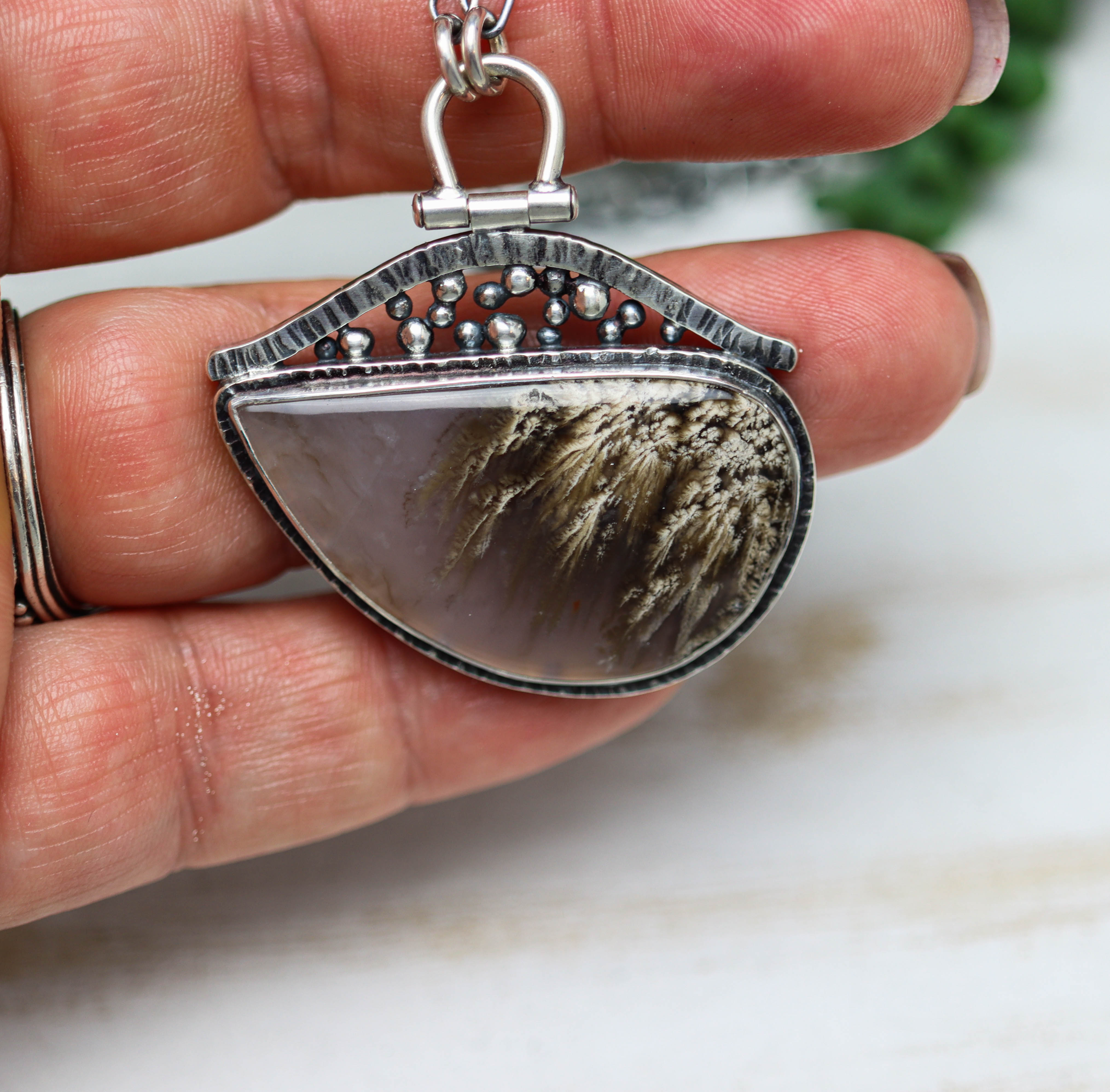 Plume Agate Pendant Necklace Sterling Silver