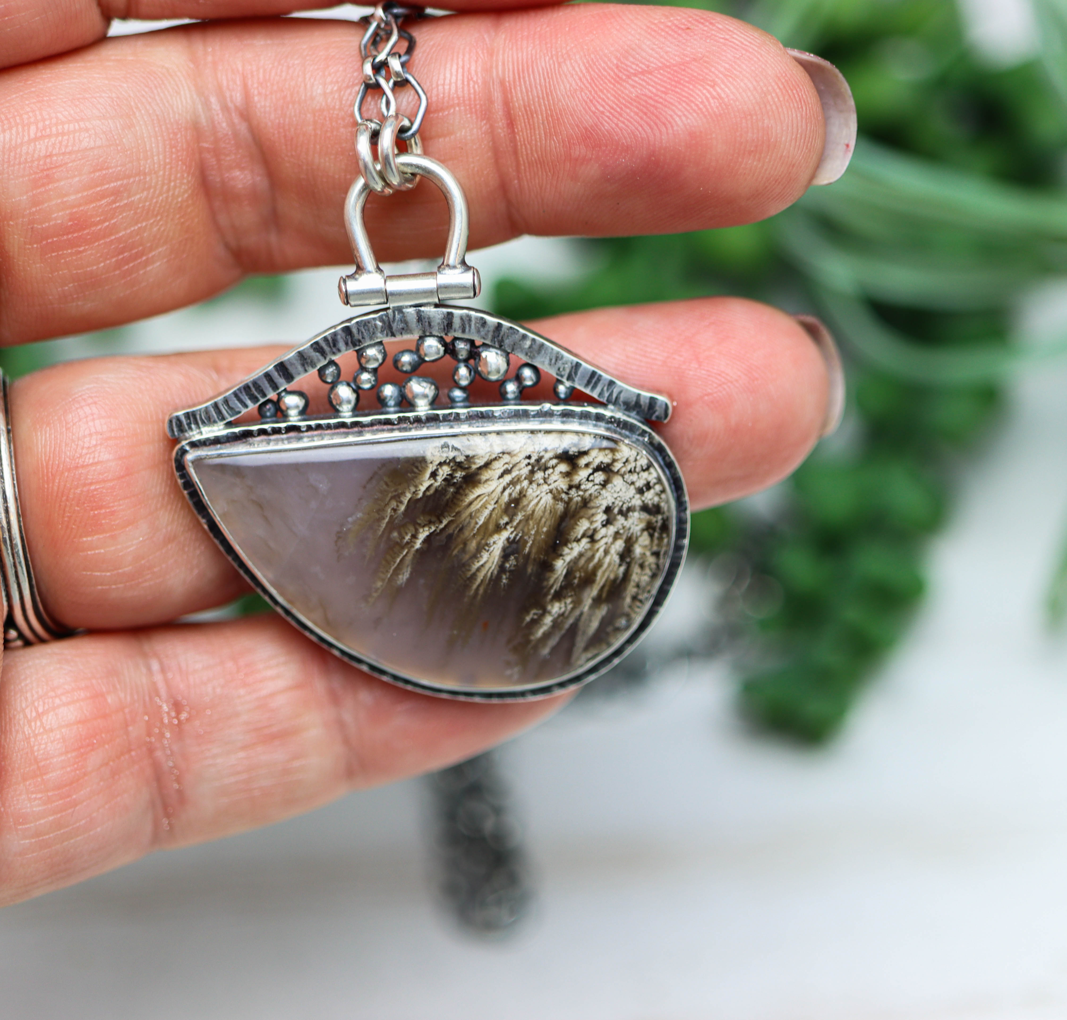 Plume Agate Pendant Necklace Sterling Silver