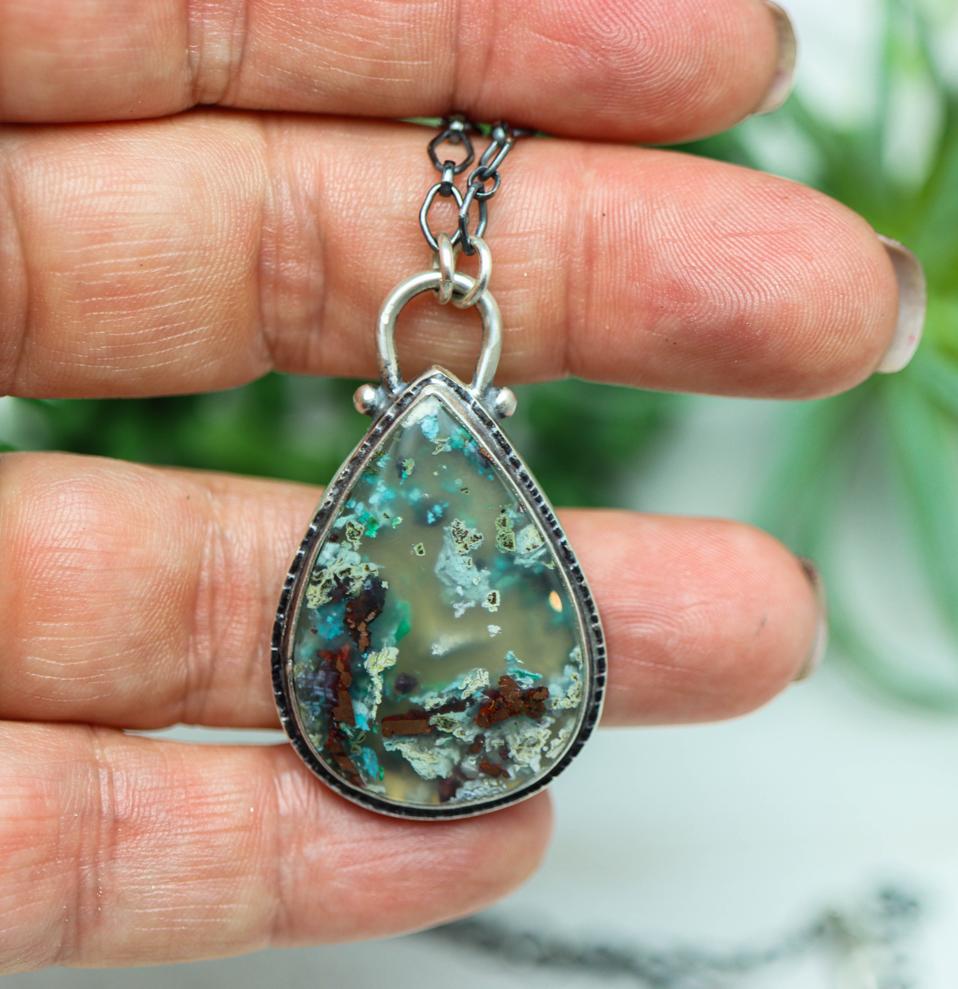 Confetti Agate Chrysocolla and Copper Pendant Sterling Silver Necklace