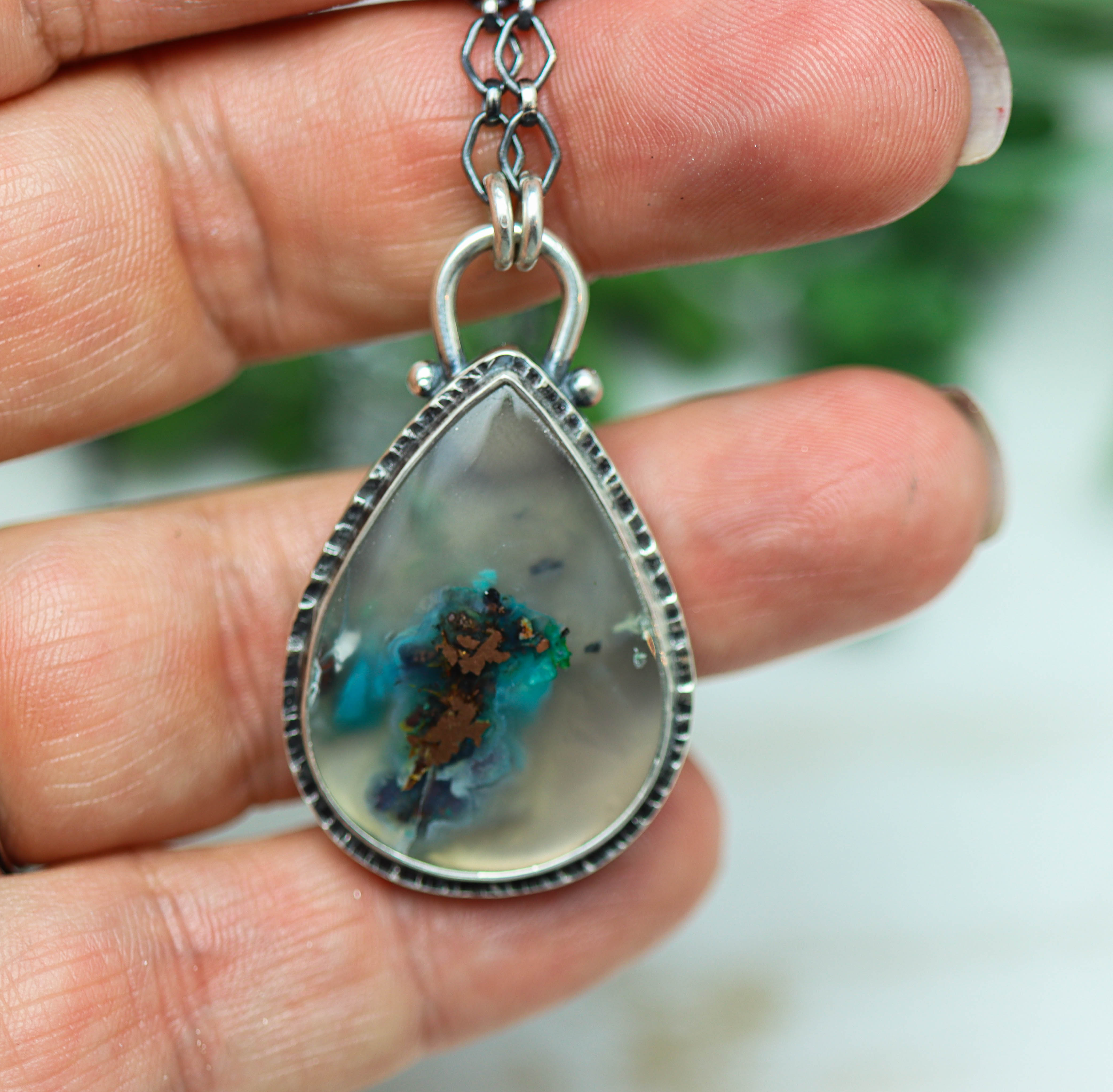 Confetti Agate Chrysocolla and Copper Pendant Sterling Silver Necklace