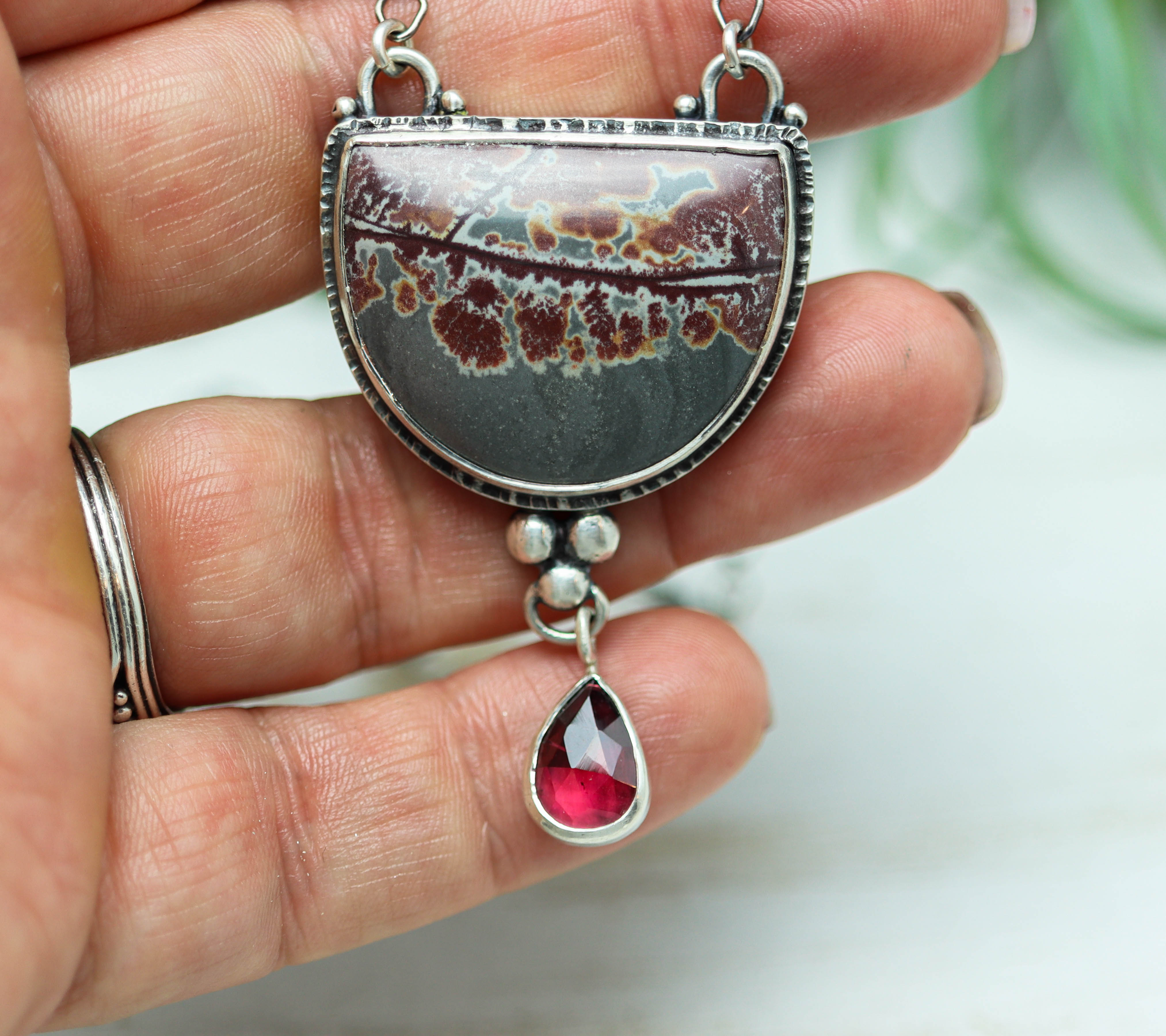Sonoran Dendritic Rhyolite Jasper and Garnet Necklace Sterling Silver
