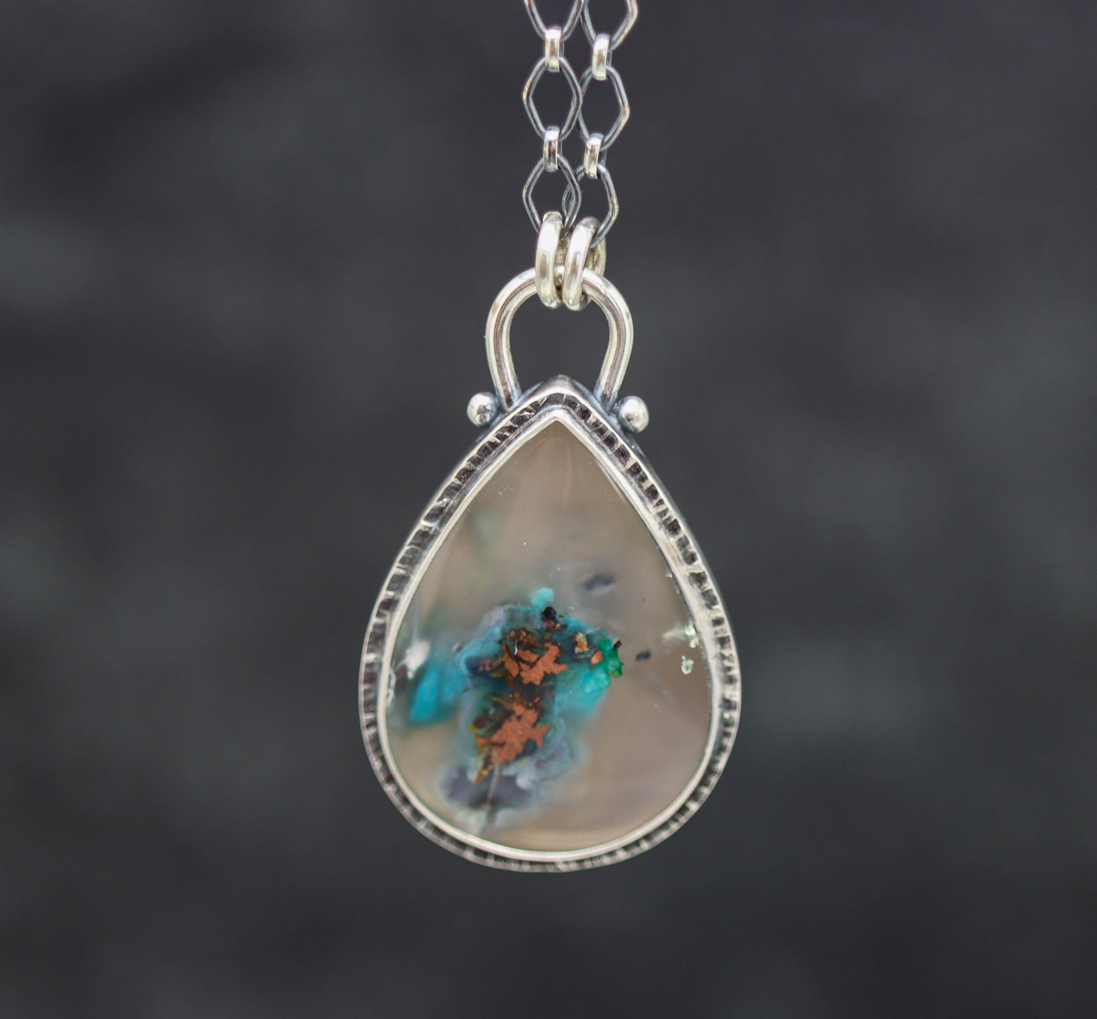 Confetti Agate Chrysocolla and Copper Pendant Sterling Silver Necklace