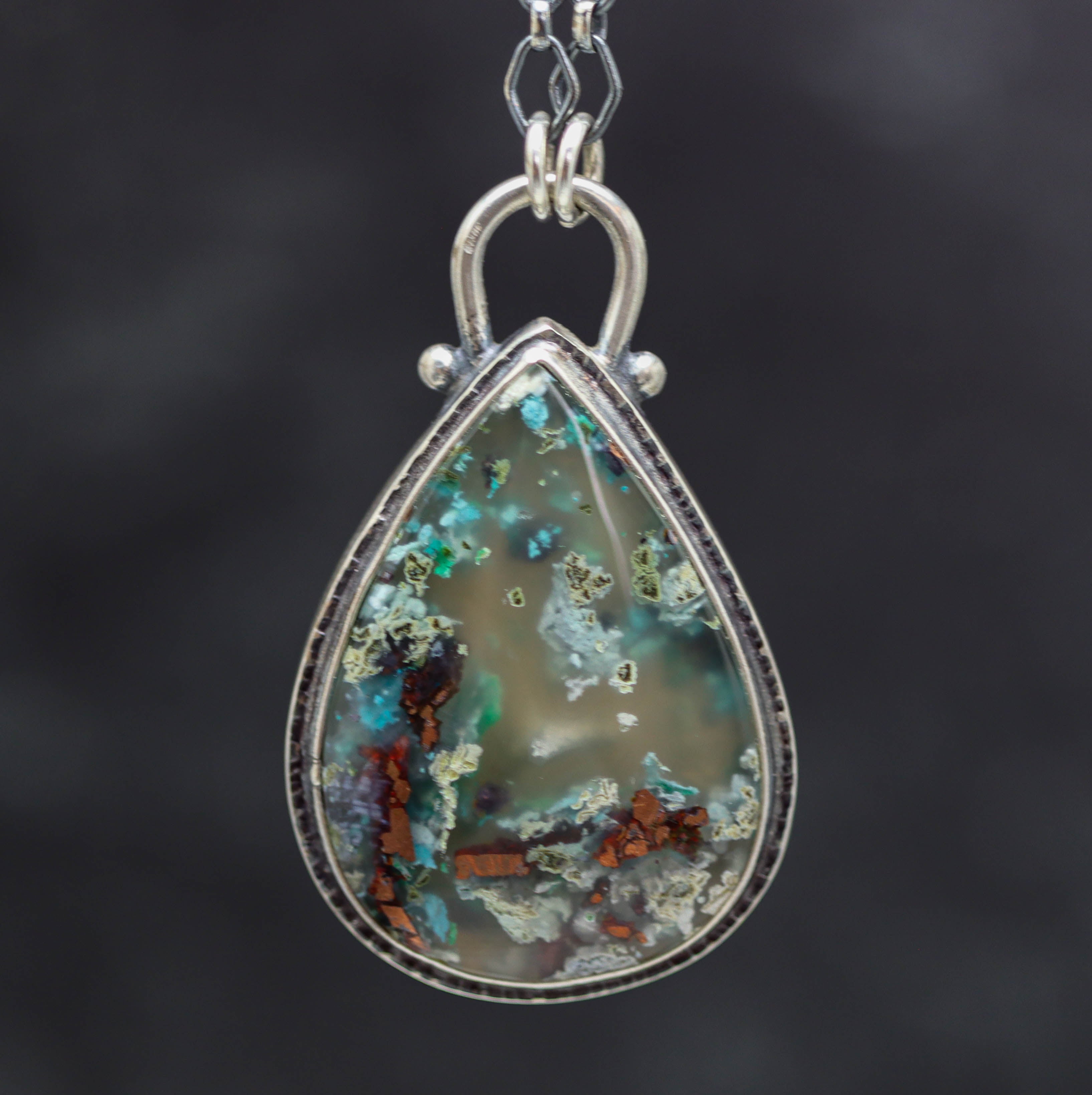 Confetti Agate Chrysocolla and Copper Pendant Sterling Silver Necklace
