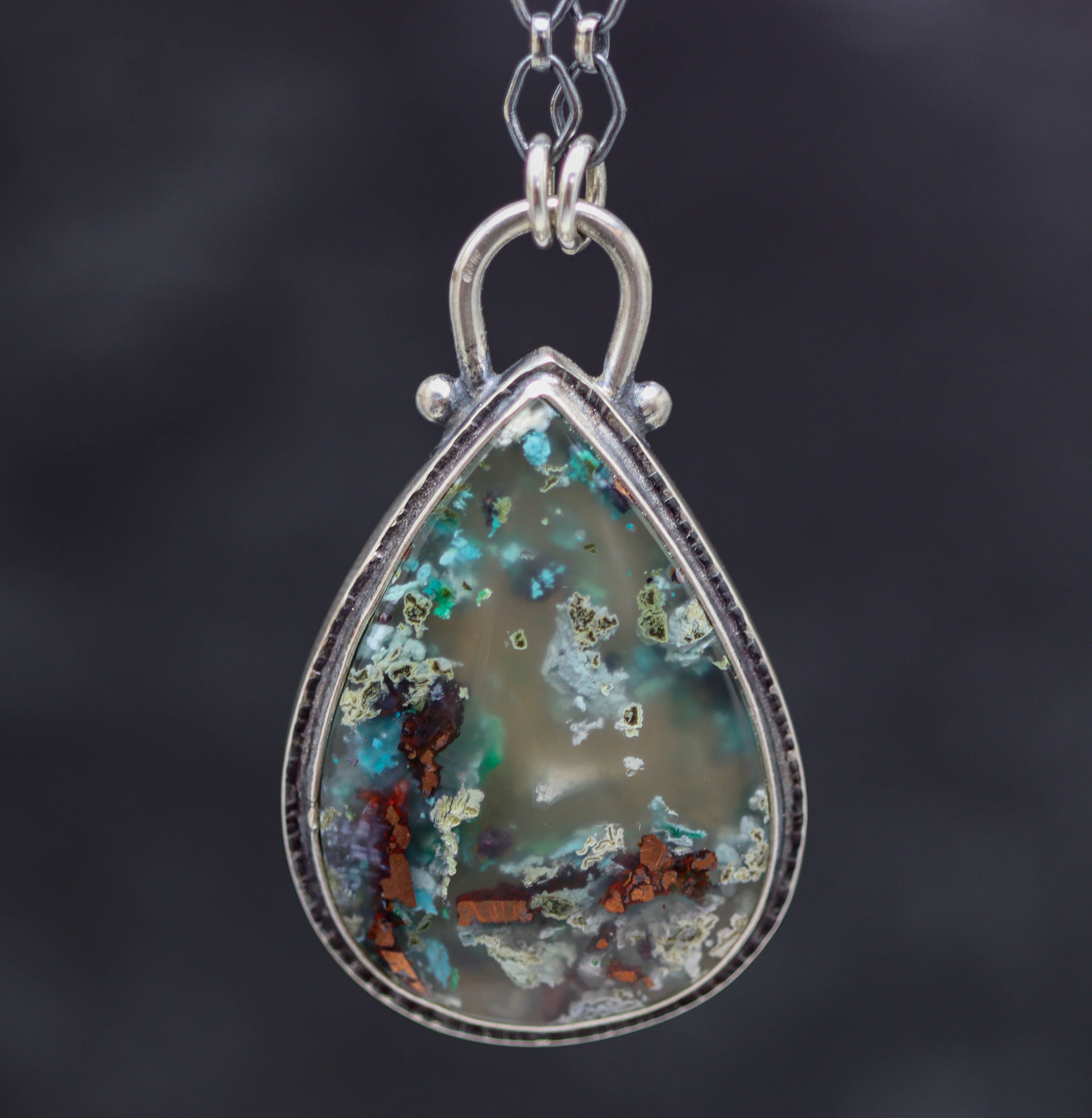 Confetti Agate Chrysocolla and Copper Pendant Sterling Silver Necklace