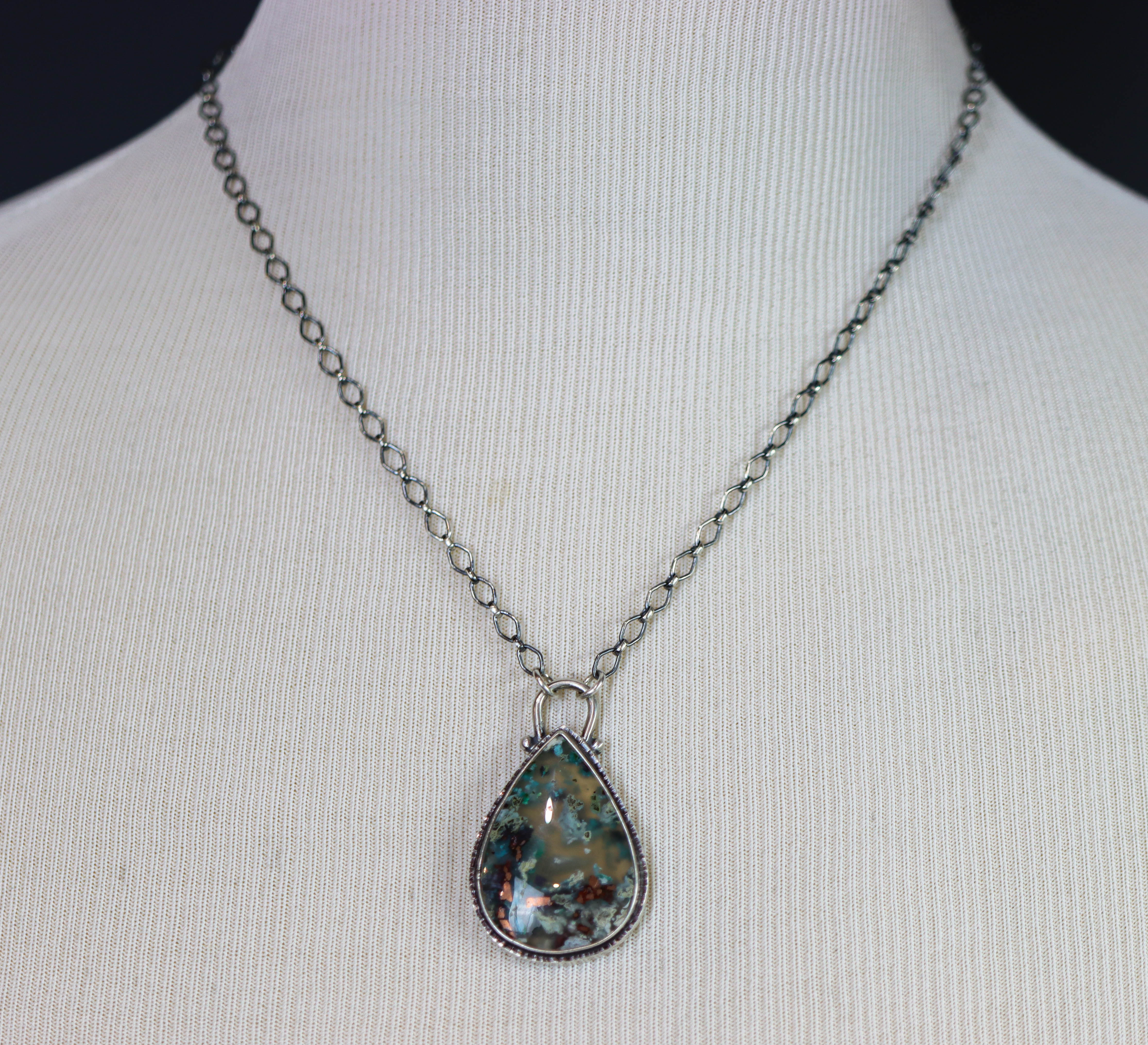 Confetti Agate Chrysocolla and Copper Pendant Sterling Silver Necklace