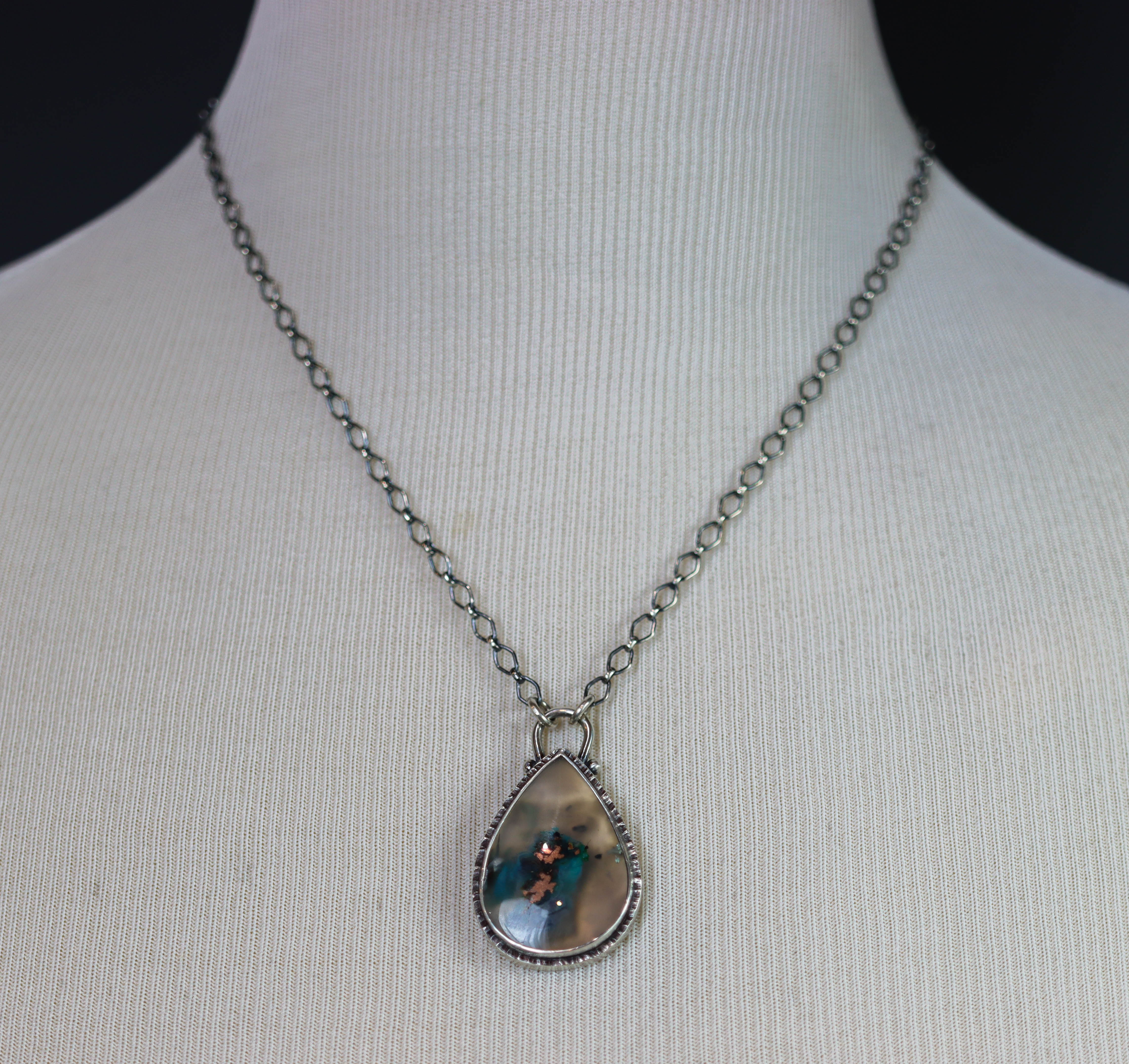 Confetti Agate Chrysocolla and Copper Pendant Sterling Silver Necklace