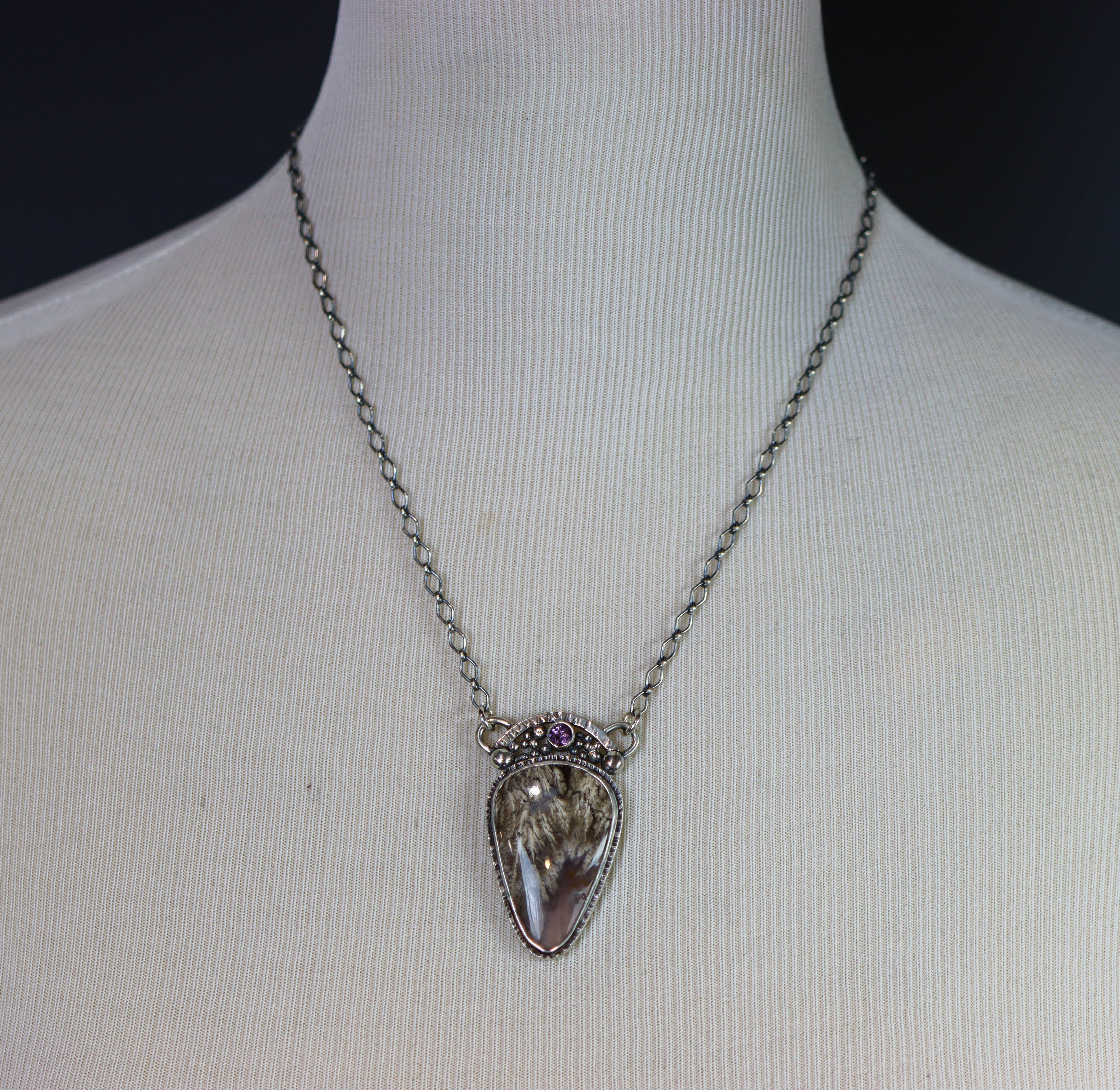 Plume Agate & Amethyst Pendant Necklace Sterling Silver