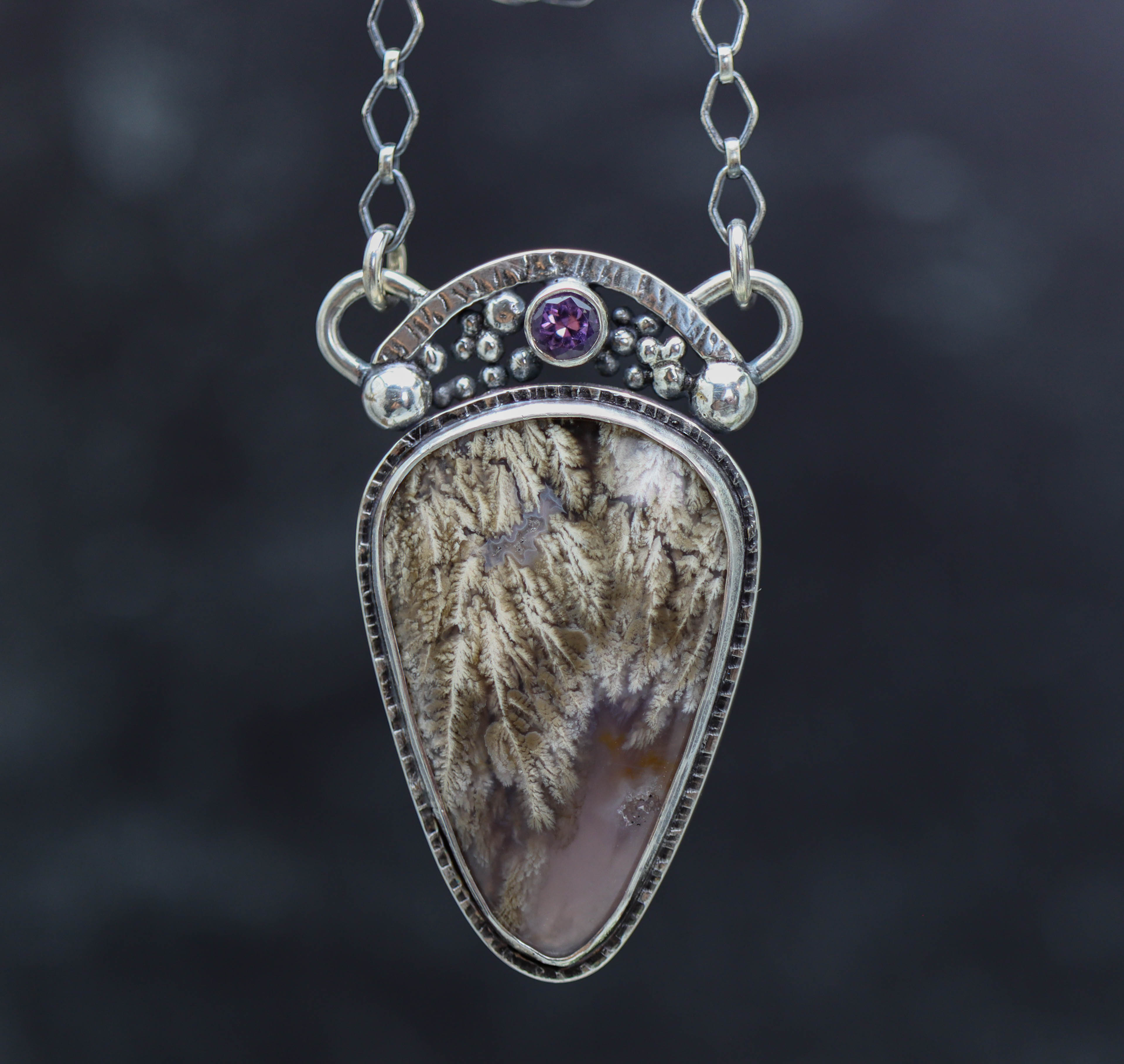 Plume Agate & Amethyst Pendant Necklace Sterling Silver
