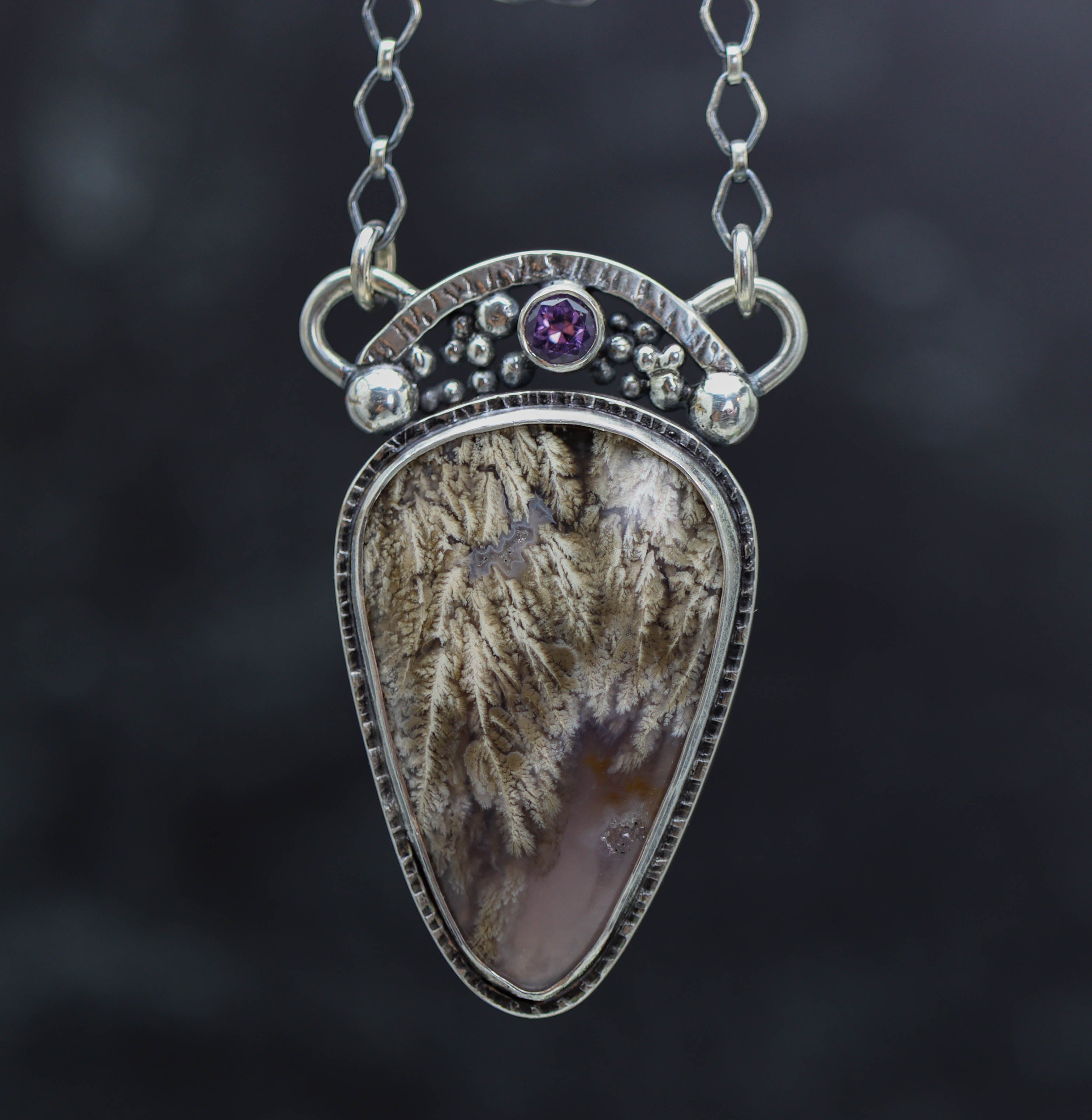 Plume Agate & Amethyst Pendant Necklace Sterling Silver