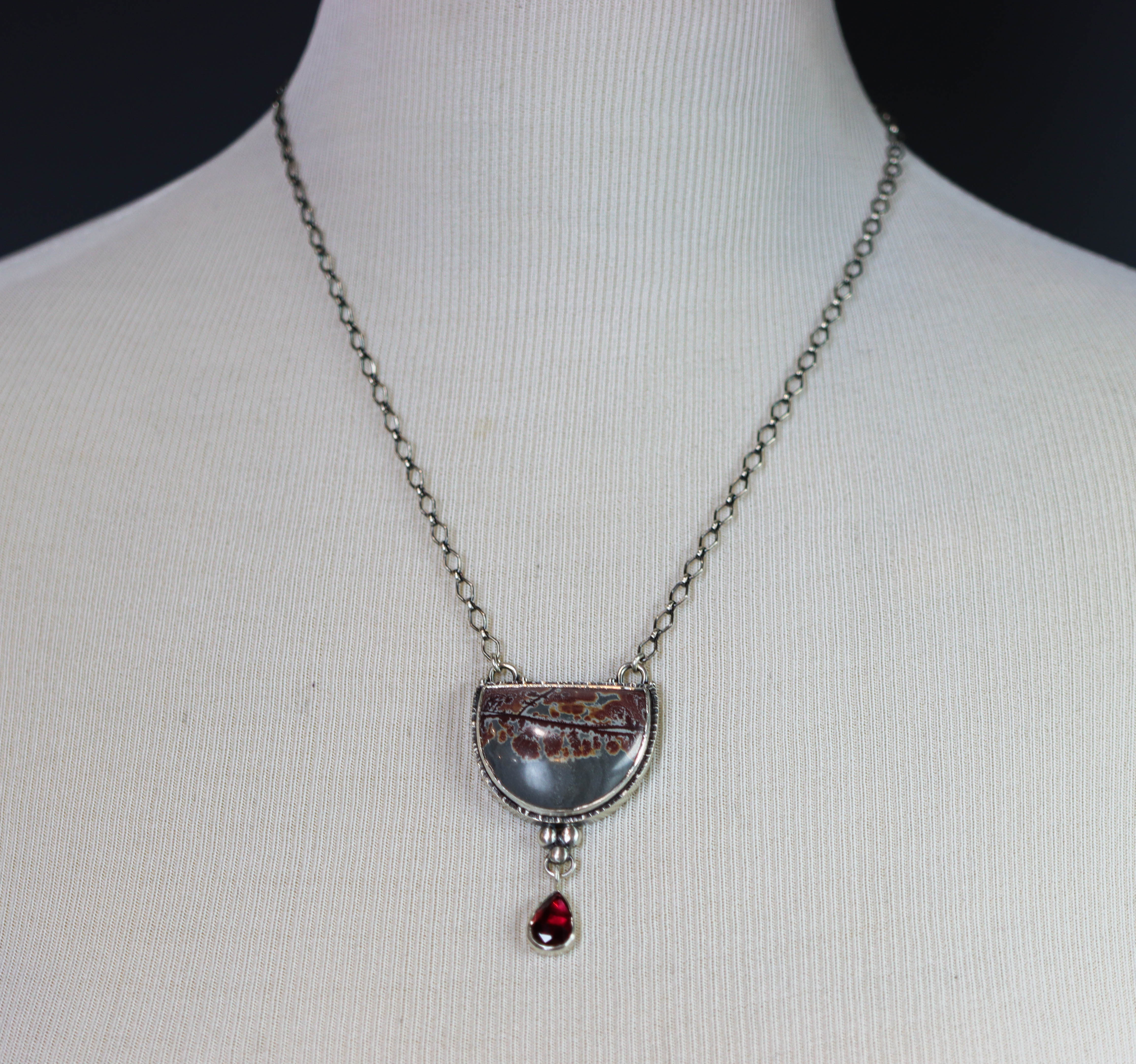 Sonoran Dendritic Rhyolite Jasper and Garnet Necklace Sterling Silver