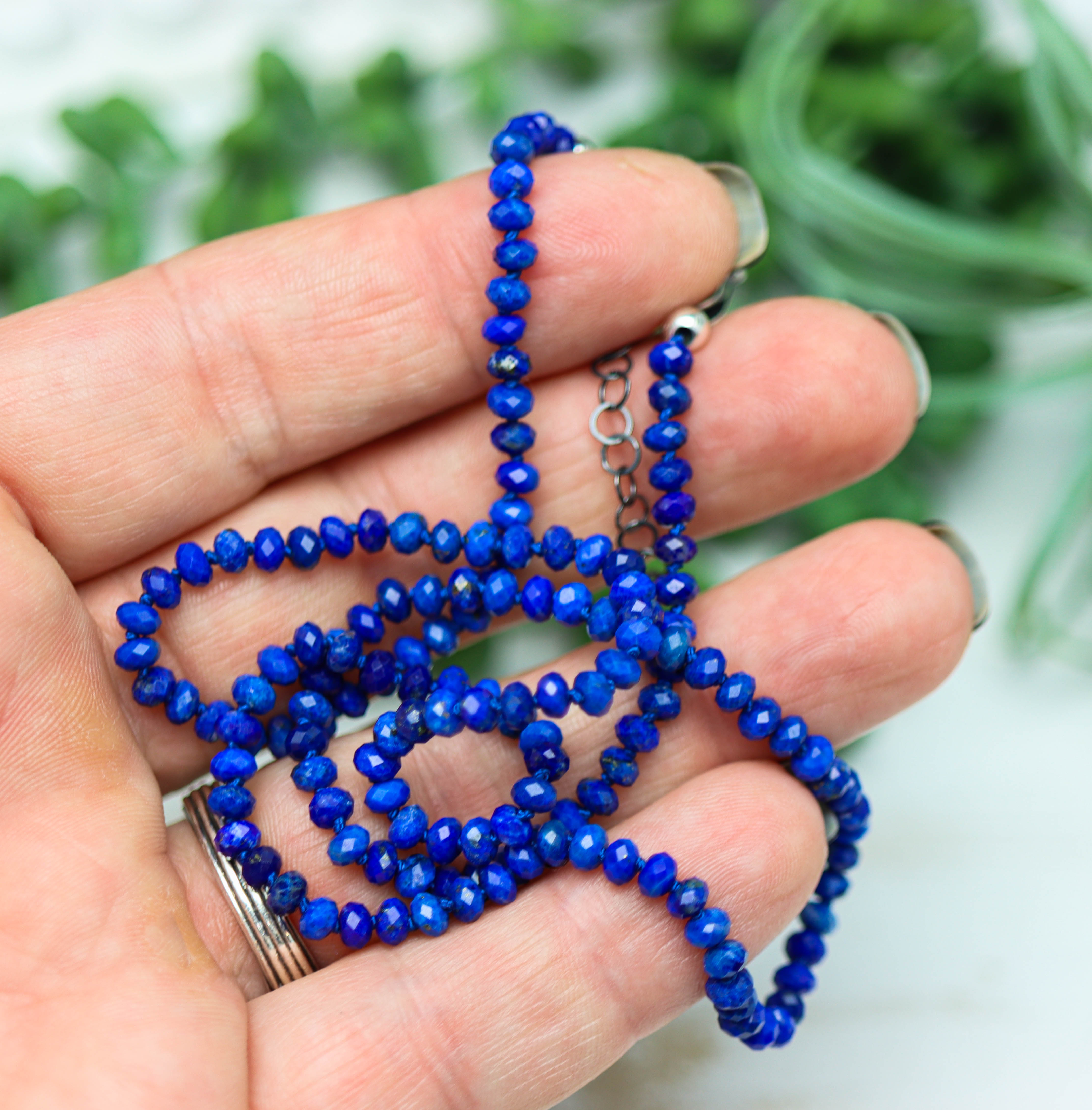 Blue Lapis Hand Knotted Bead Necklace Sterling Silver
