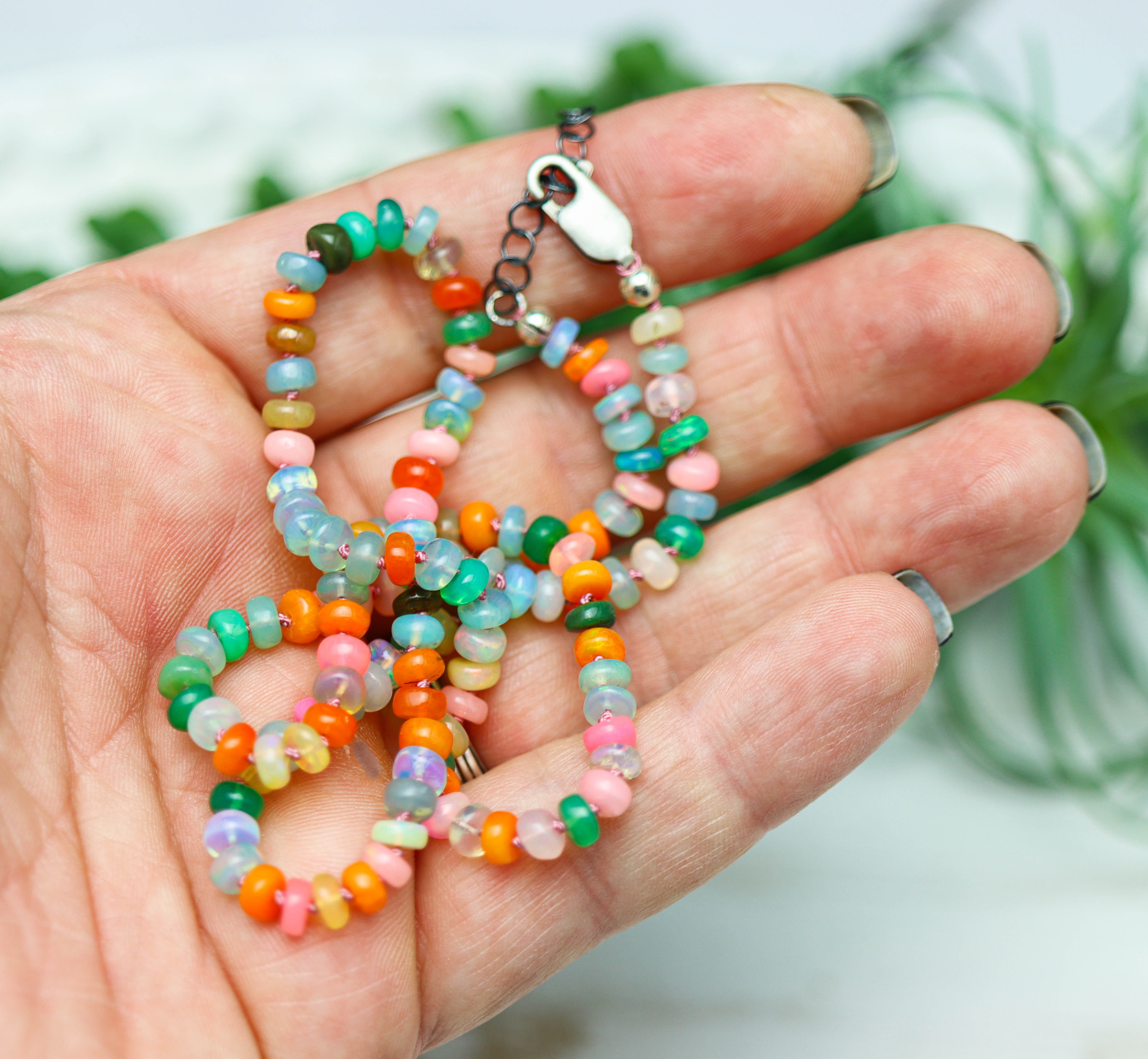 Dyed Multicolor Opal Hand-Knotted Strand Necklace in Sterling Silver