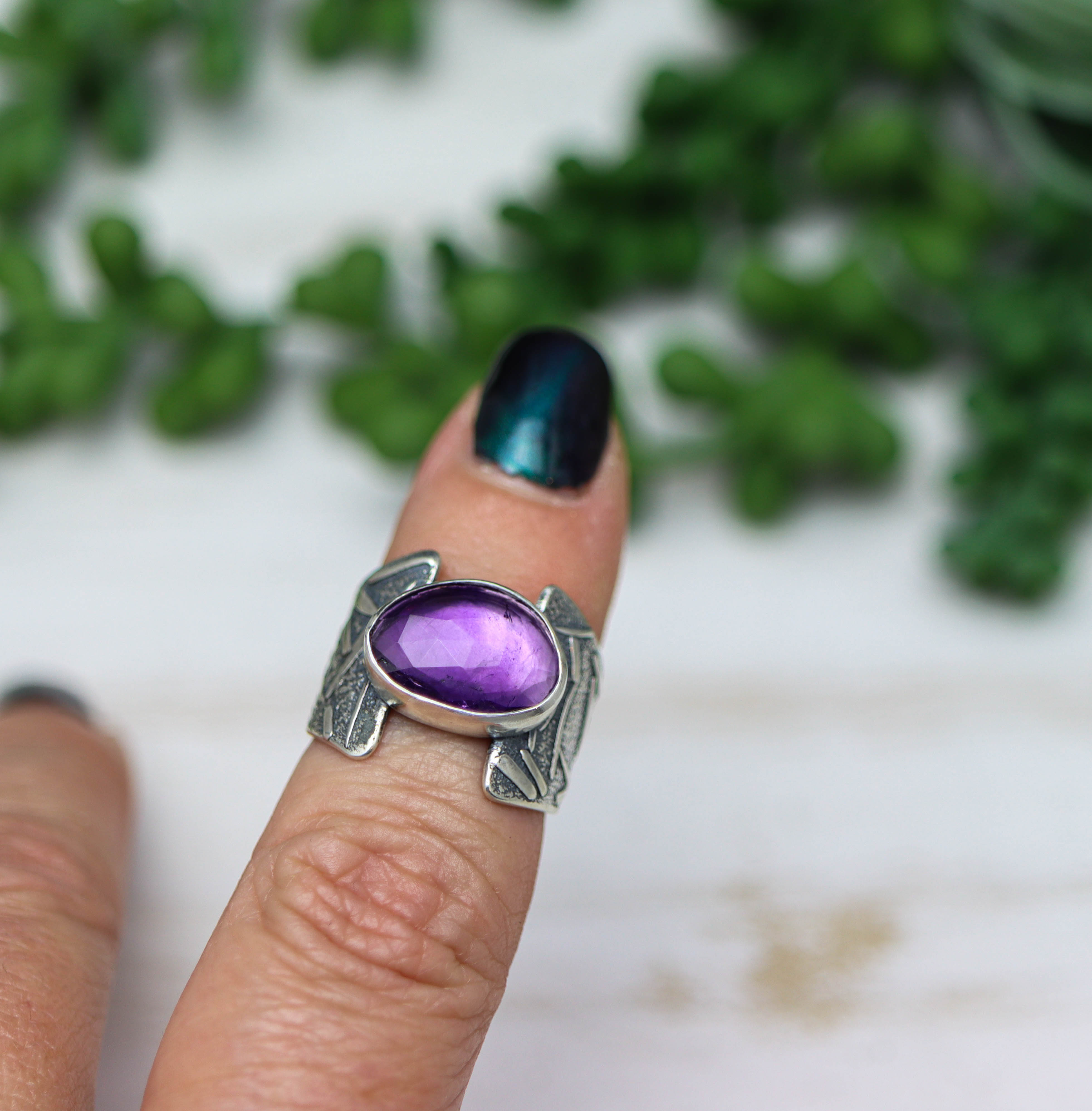 Amethyst Sterling Silver Wide Band Ring Size 7.5