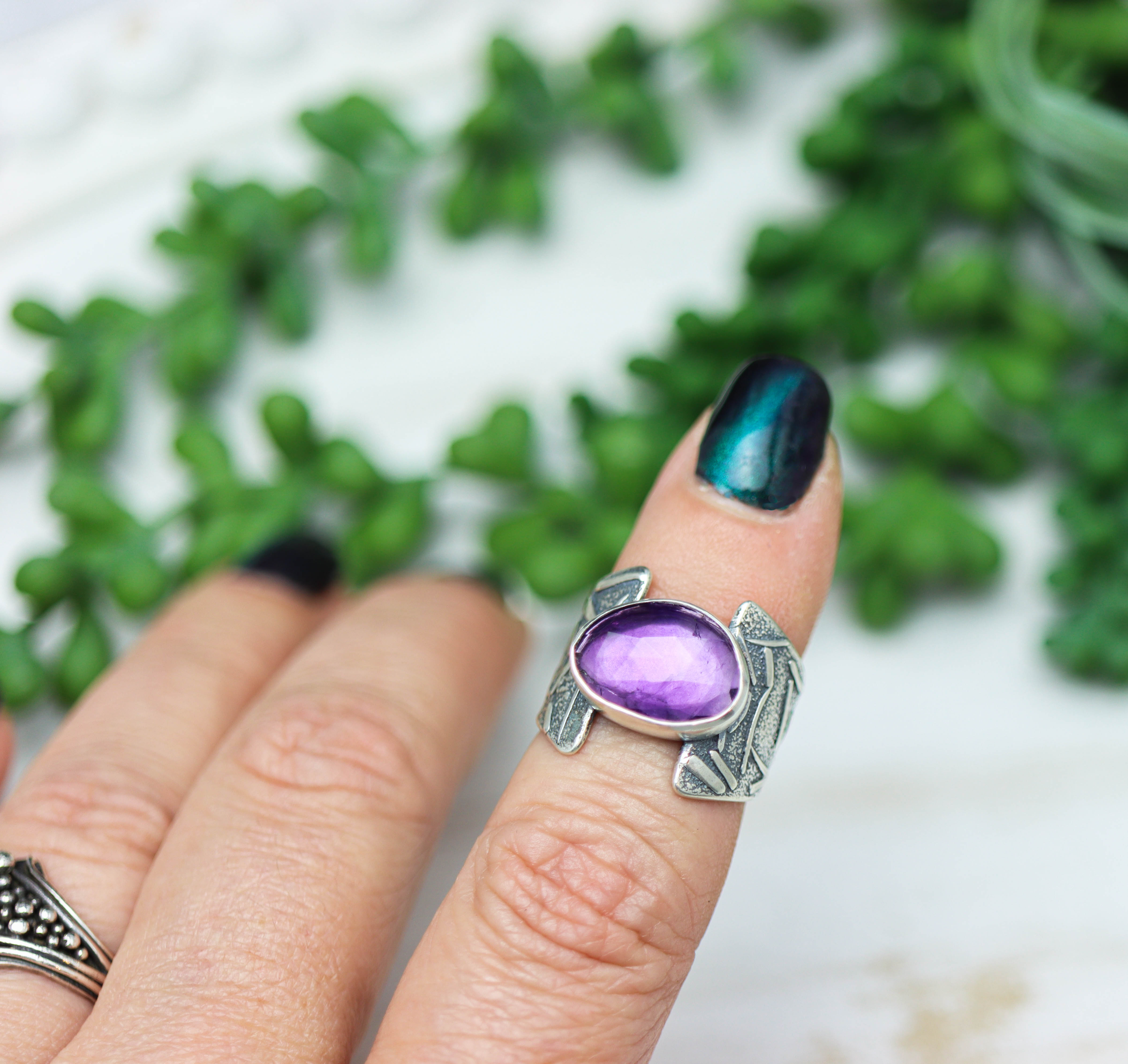 Amethyst Sterling Silver Wide Band Ring Size 7.5