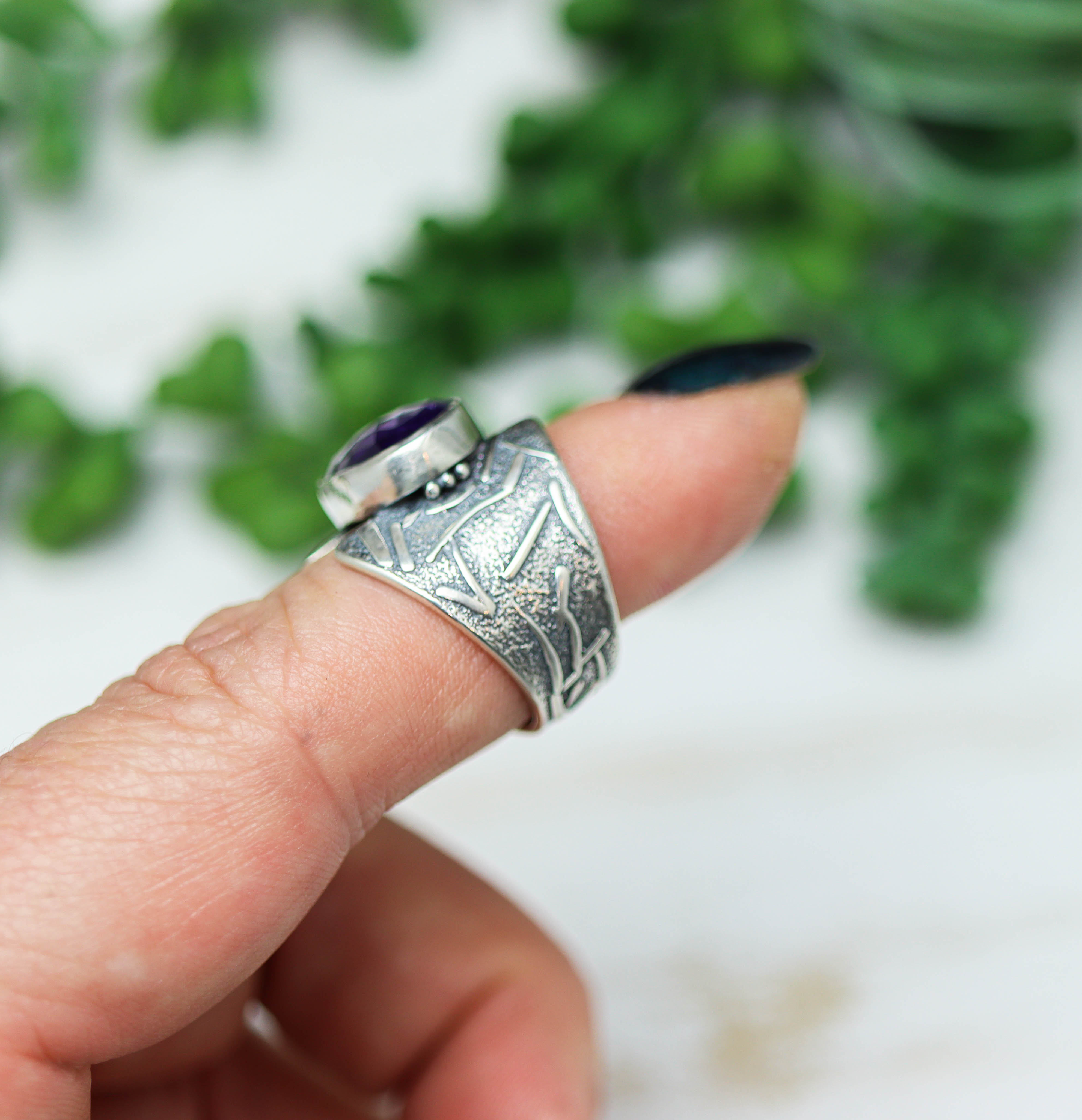 Amethyst Sterling Silver Wide Band Ring Size 7.5