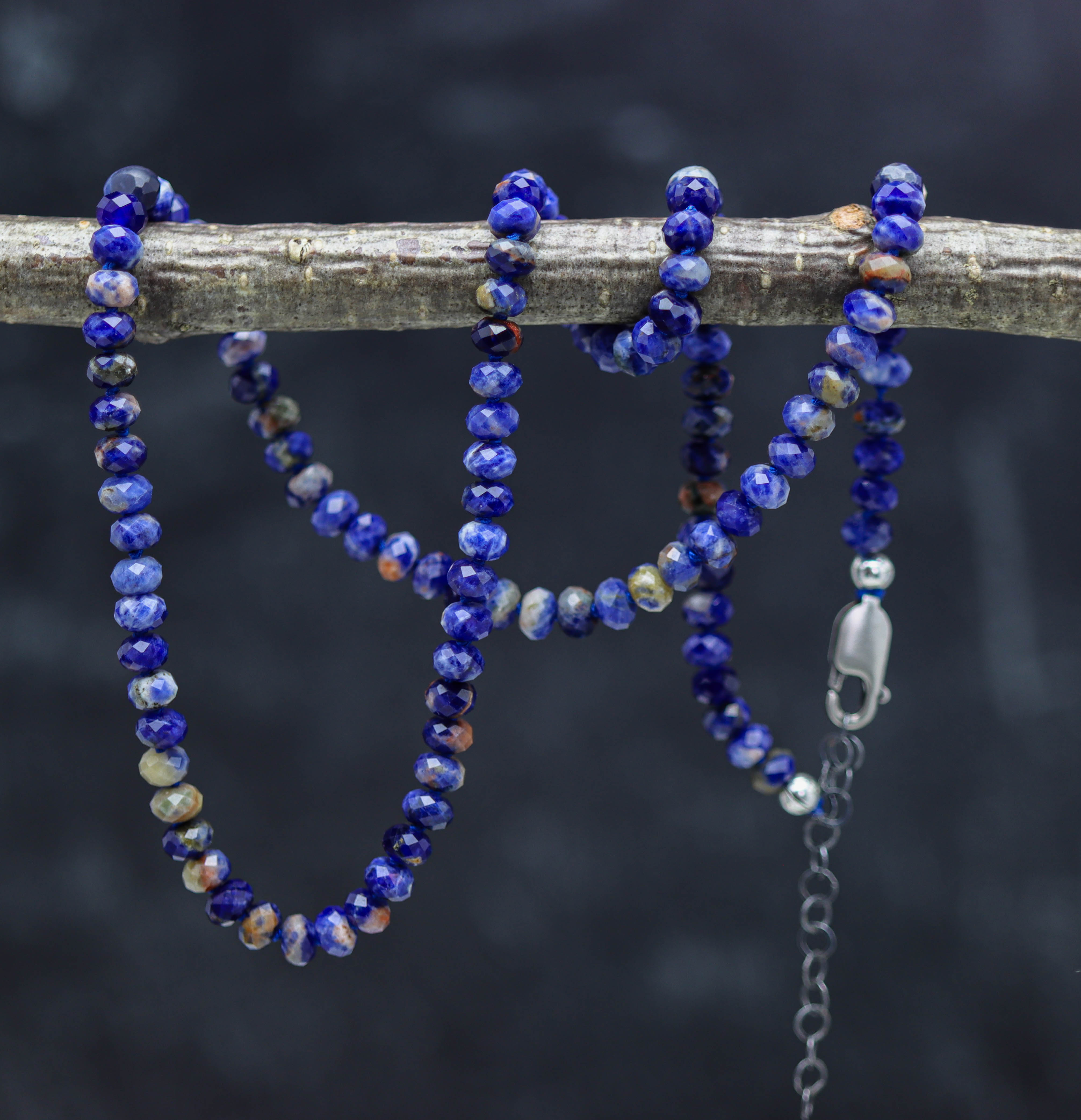 Blue Sodalite Hand Knotted Bead Necklace Sterling Silver