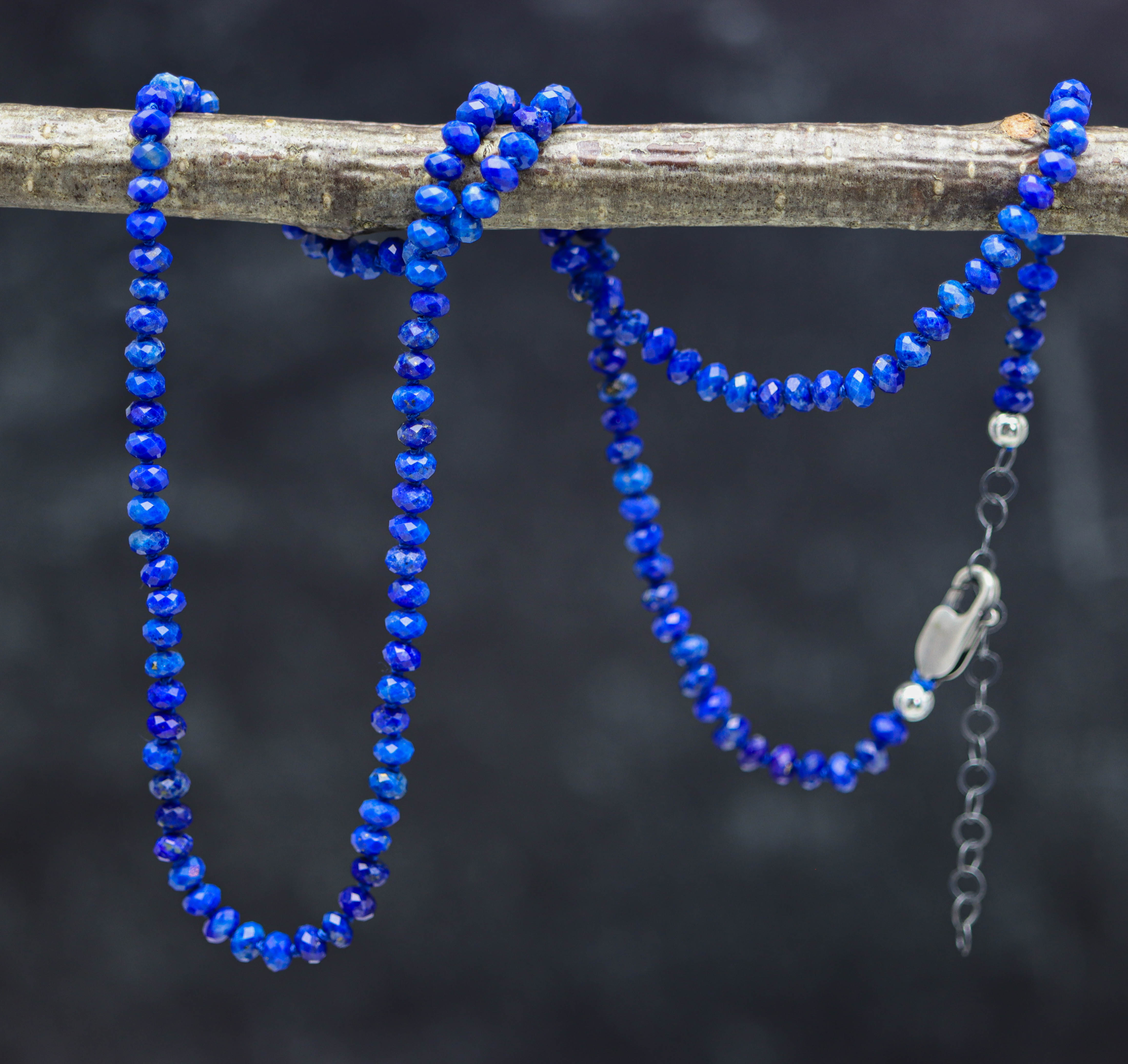 Blue Lapis Hand Knotted Bead Necklace Sterling Silver