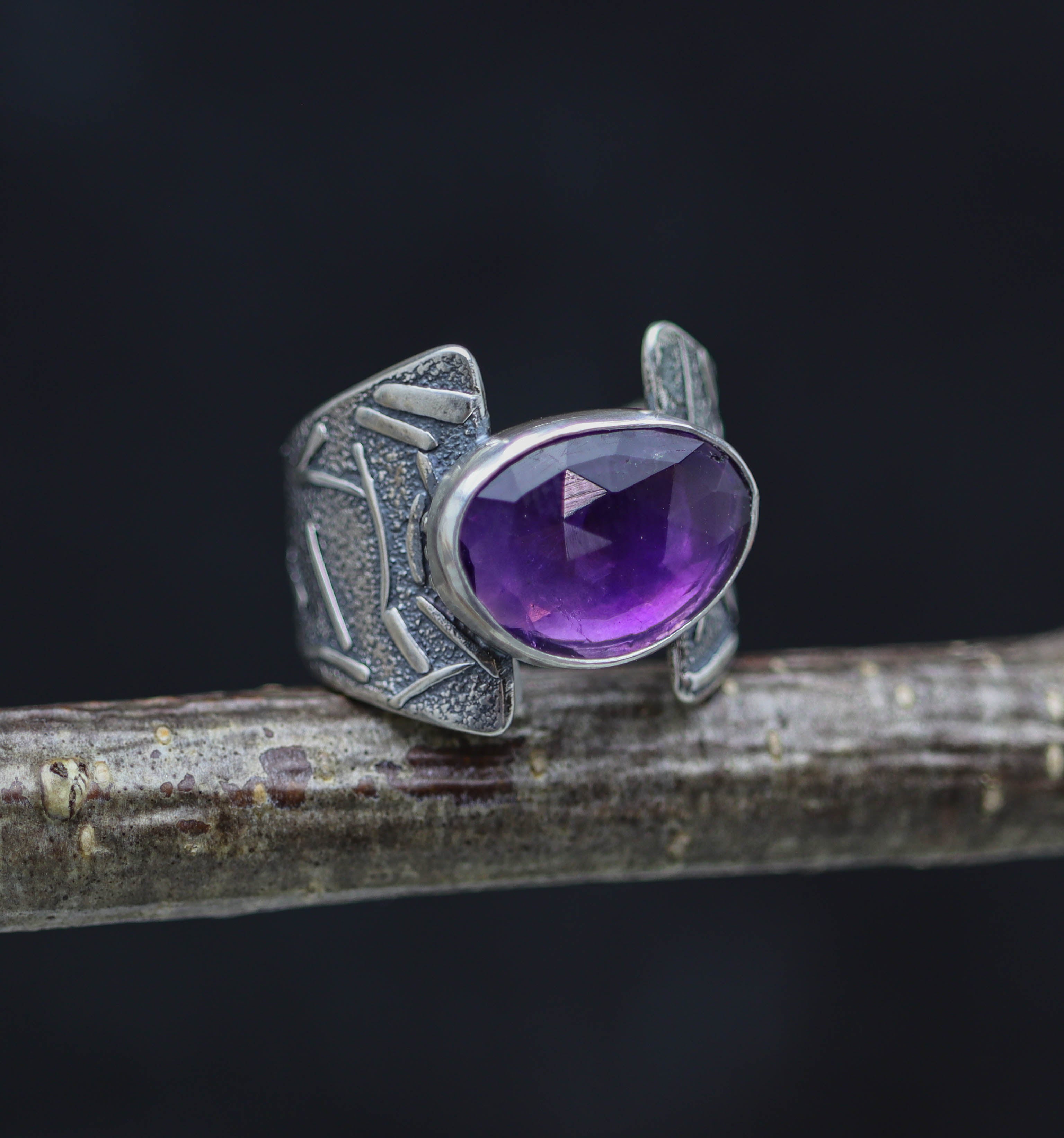 Amethyst Sterling Silver Wide Band Ring Size 7.5