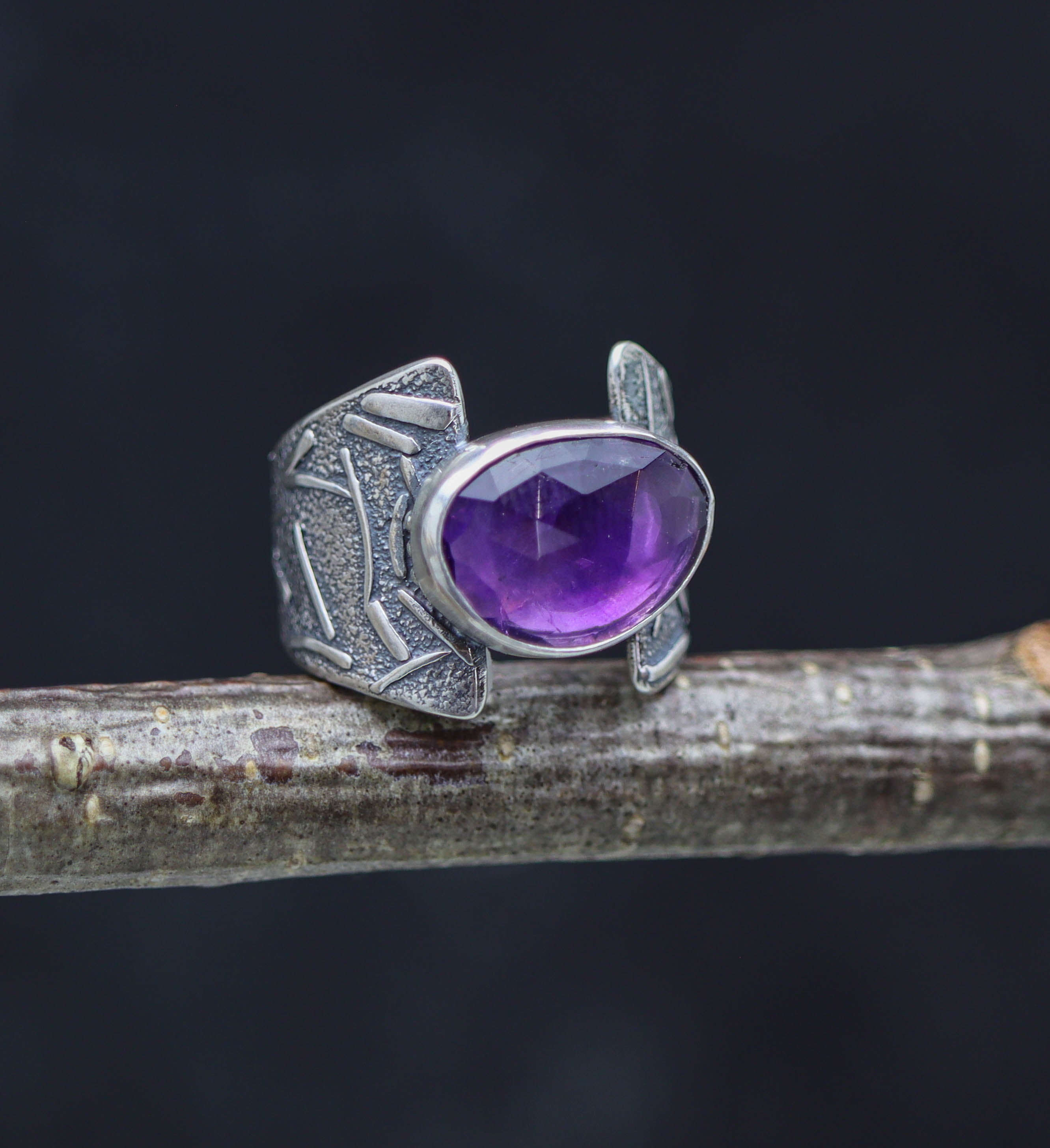 Amethyst Sterling Silver Wide Band Ring Size 7.5