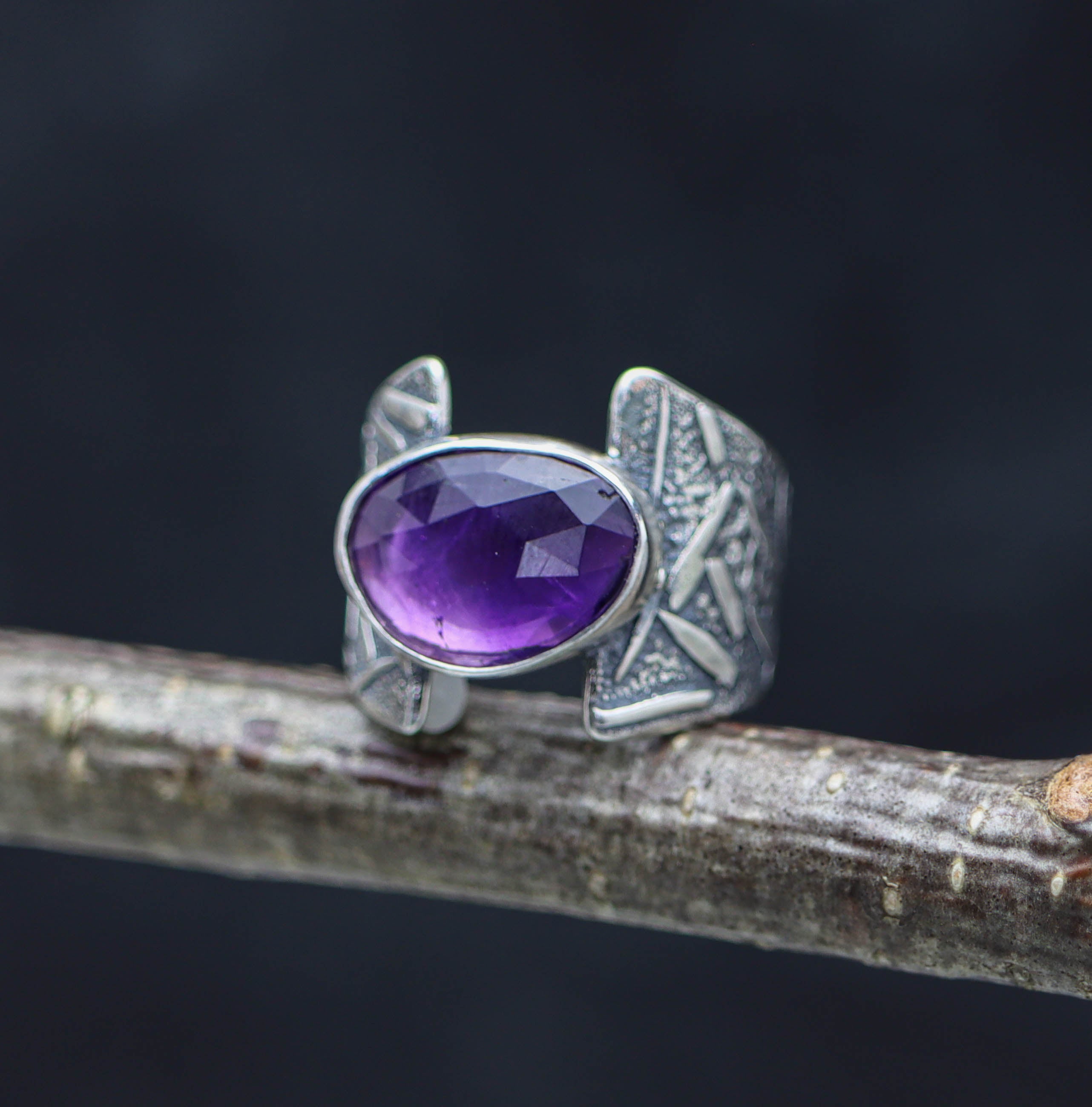 Amethyst Sterling Silver Wide Band Ring Size 7.5