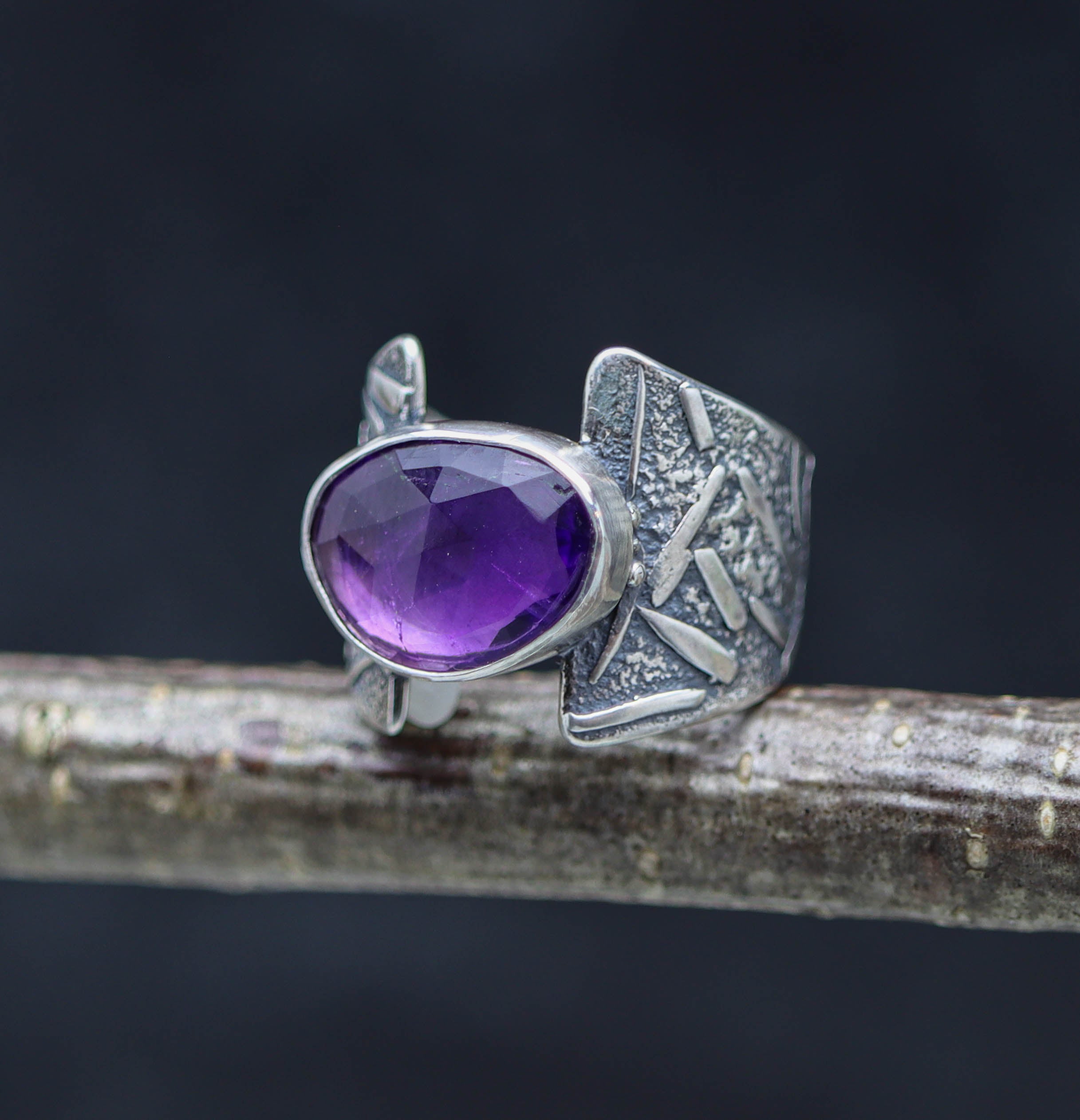 Amethyst Sterling Silver Wide Band Ring Size 7.5