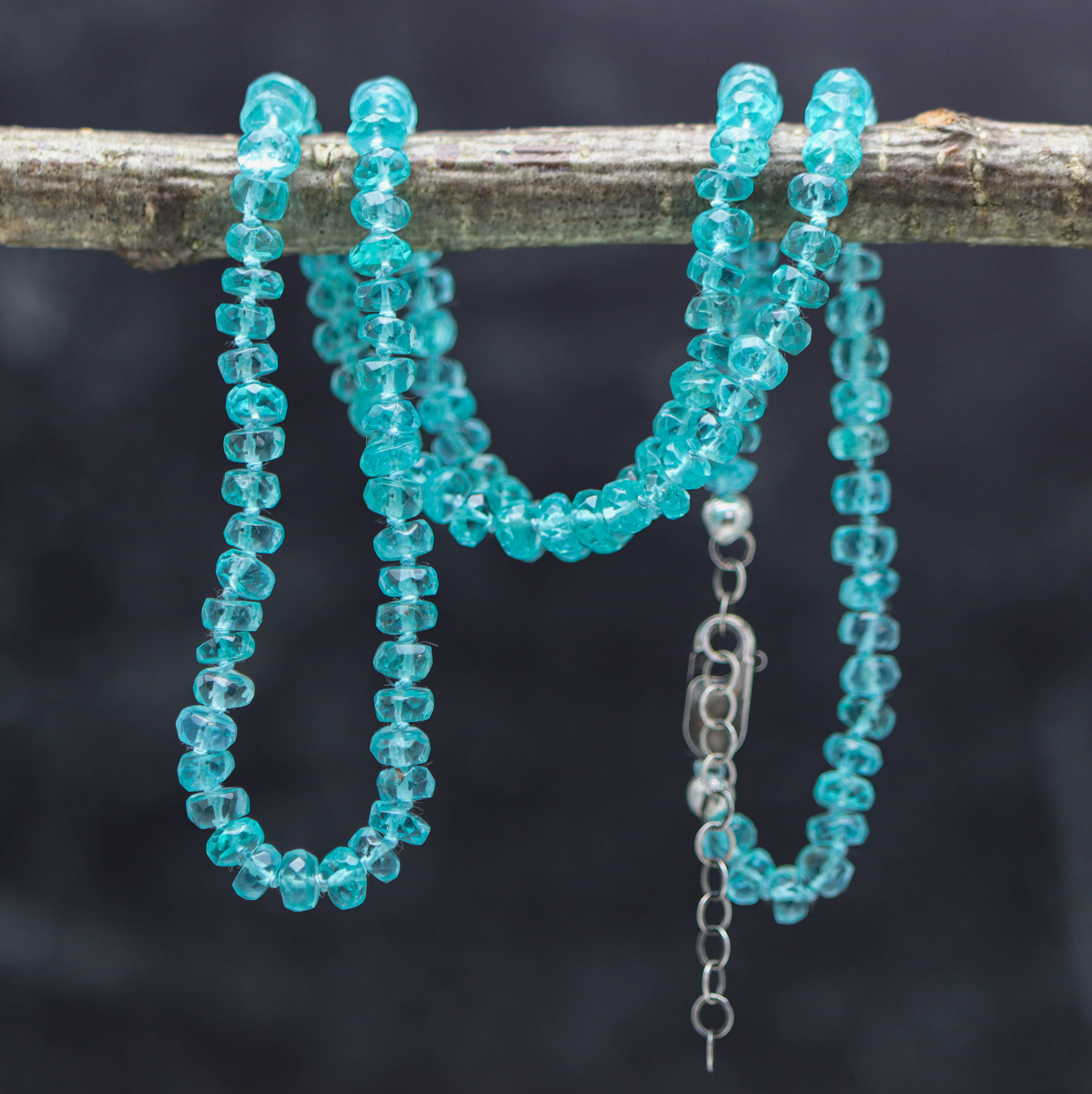 Neon Blue Apatite Hand Knotted Bead Necklace Sterling Silver