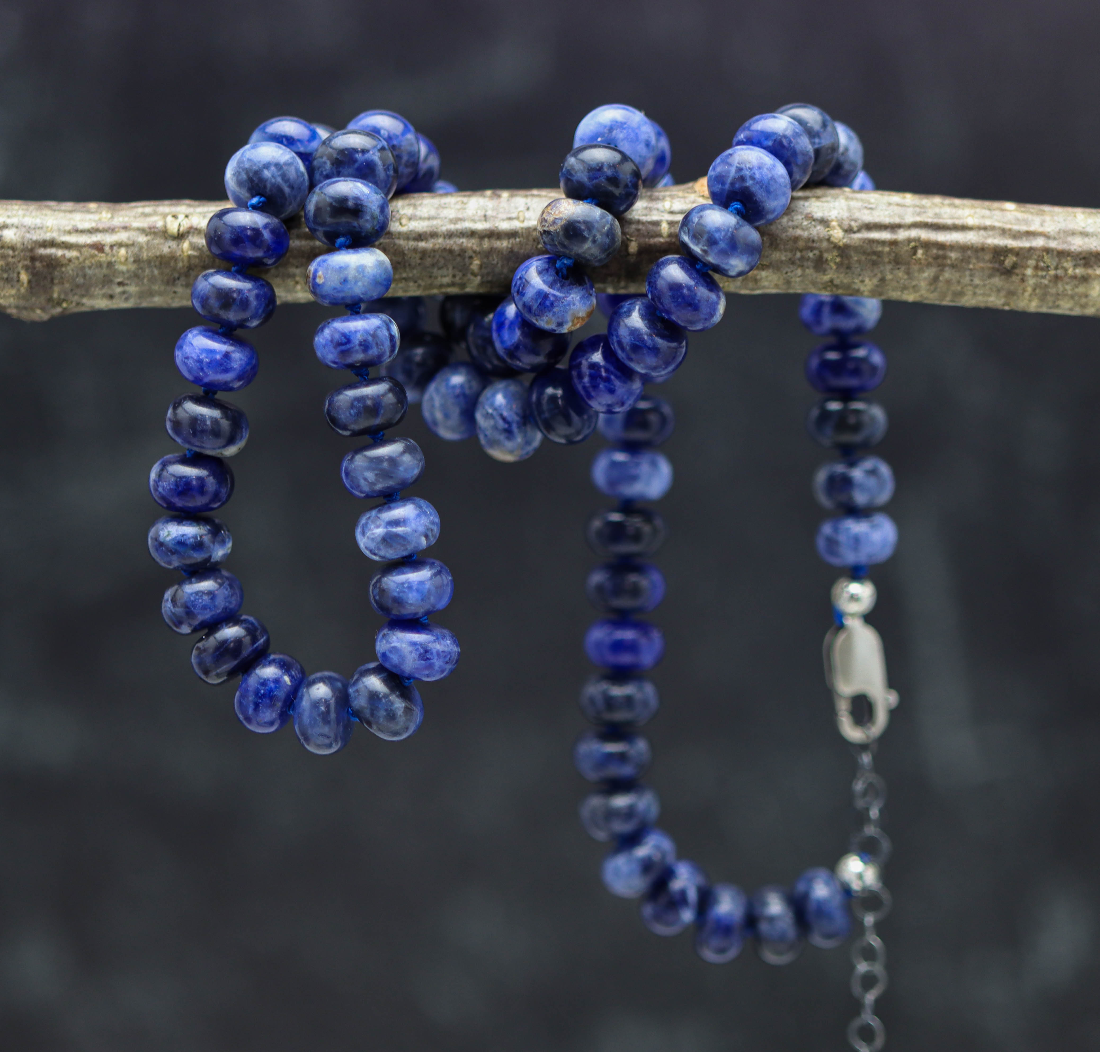 Blue Sodalite Hand Knotted Bead Necklace Sterling Silver