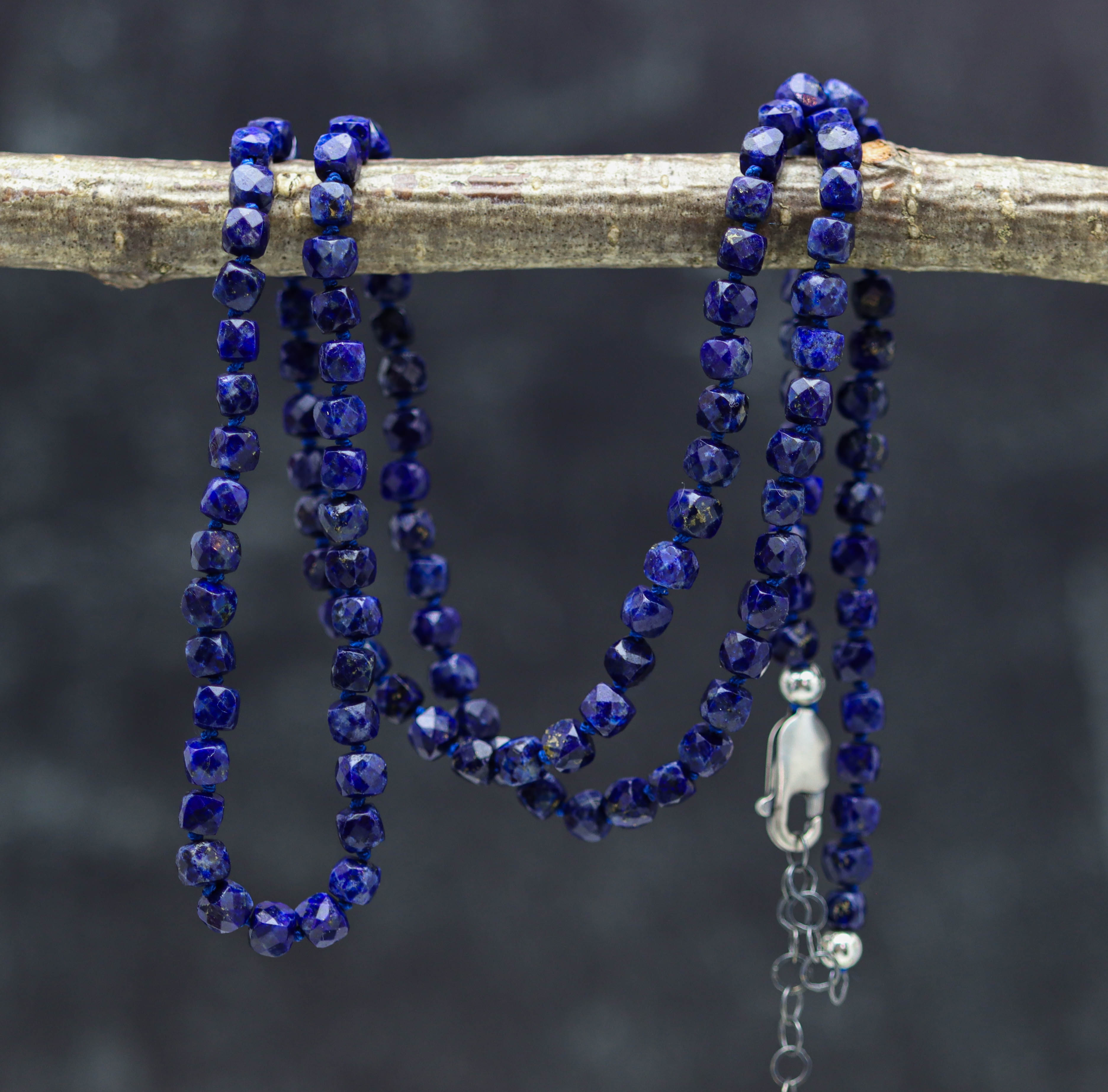 Blue Lapis Hand Knotted Bead Necklace Sterling Silver