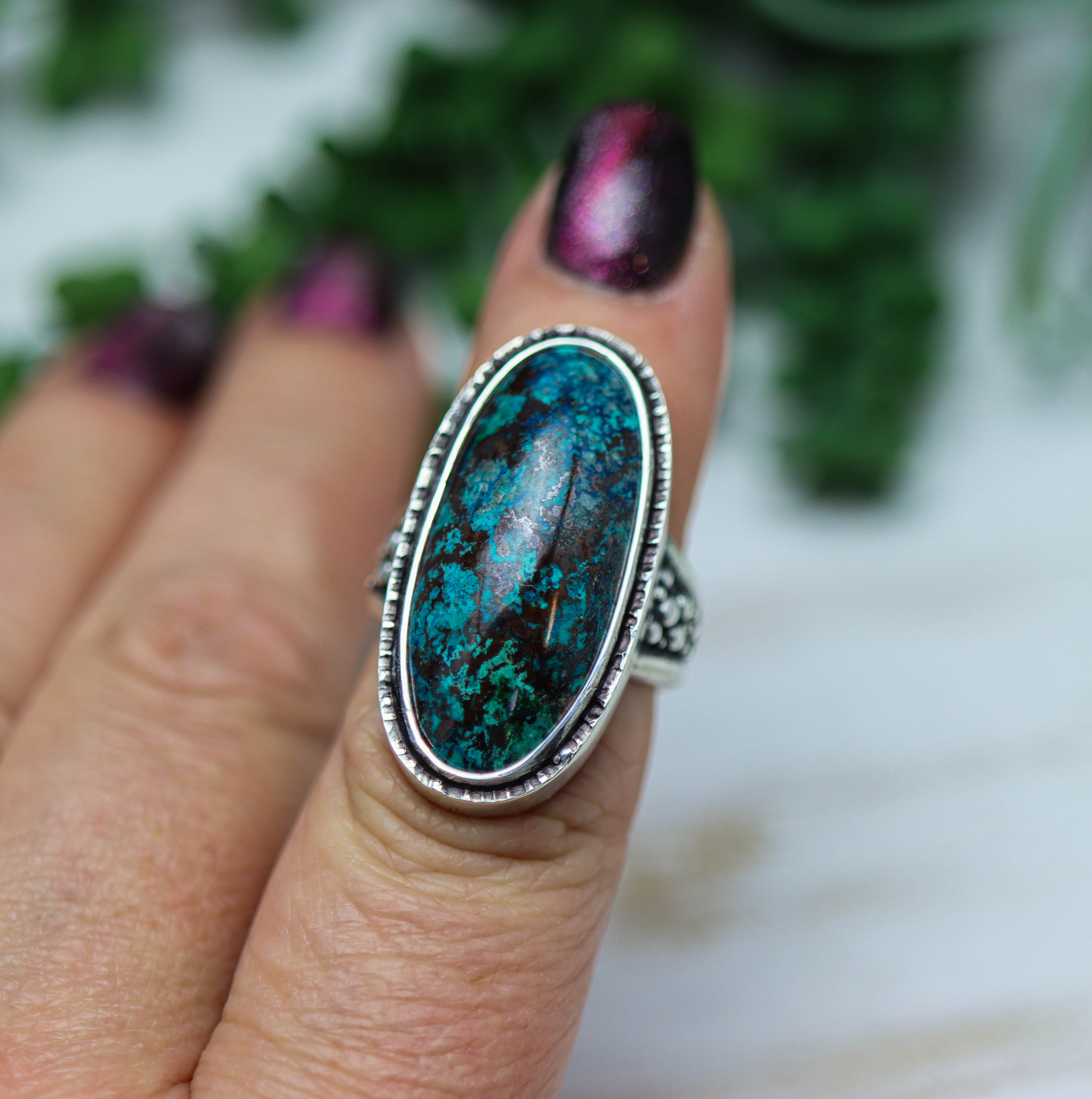 Vivid Blue Shattuckite Sterling Silver Ring Size 7.5