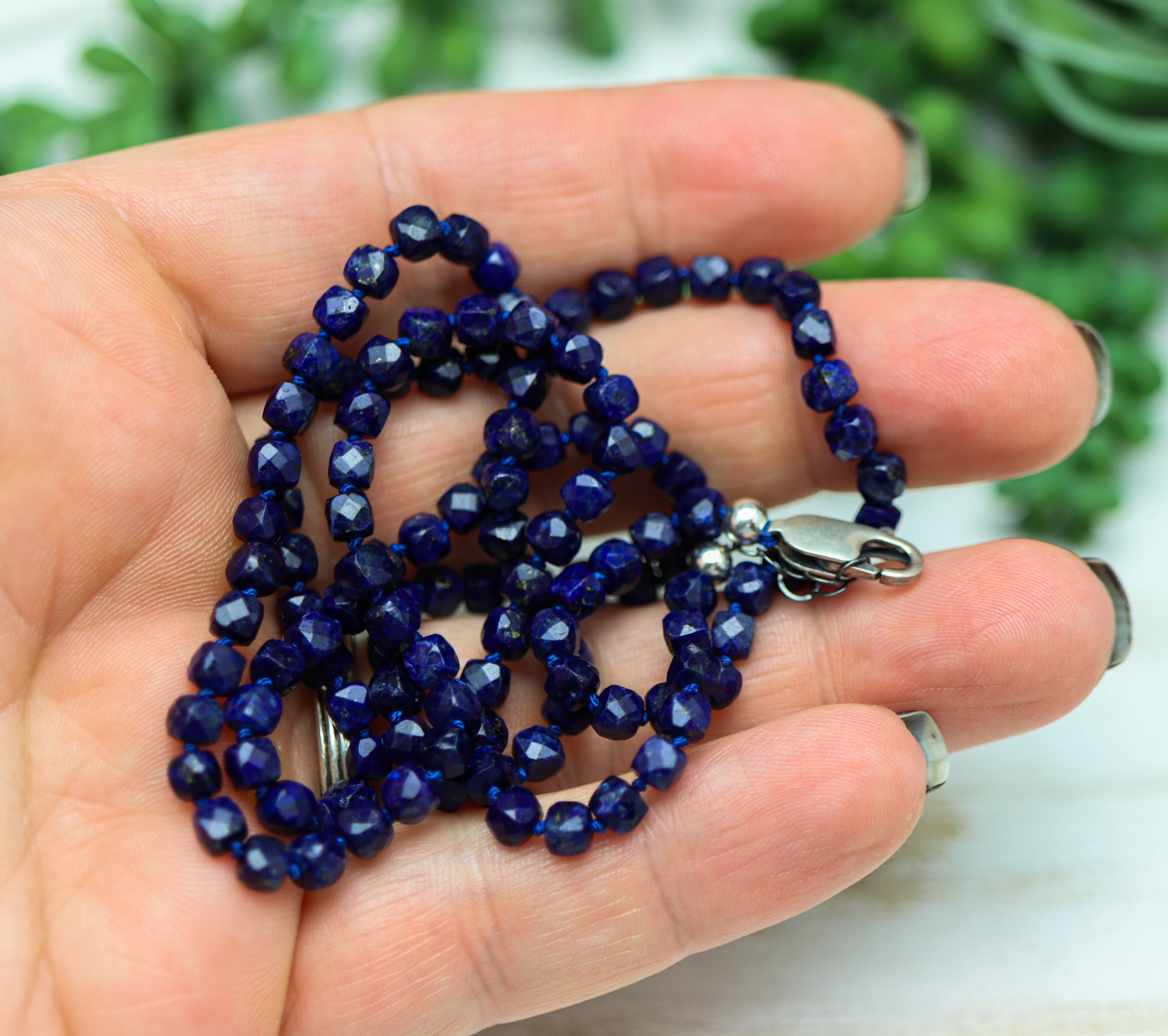Blue Lapis Hand Knotted Bead Necklace Sterling Silver