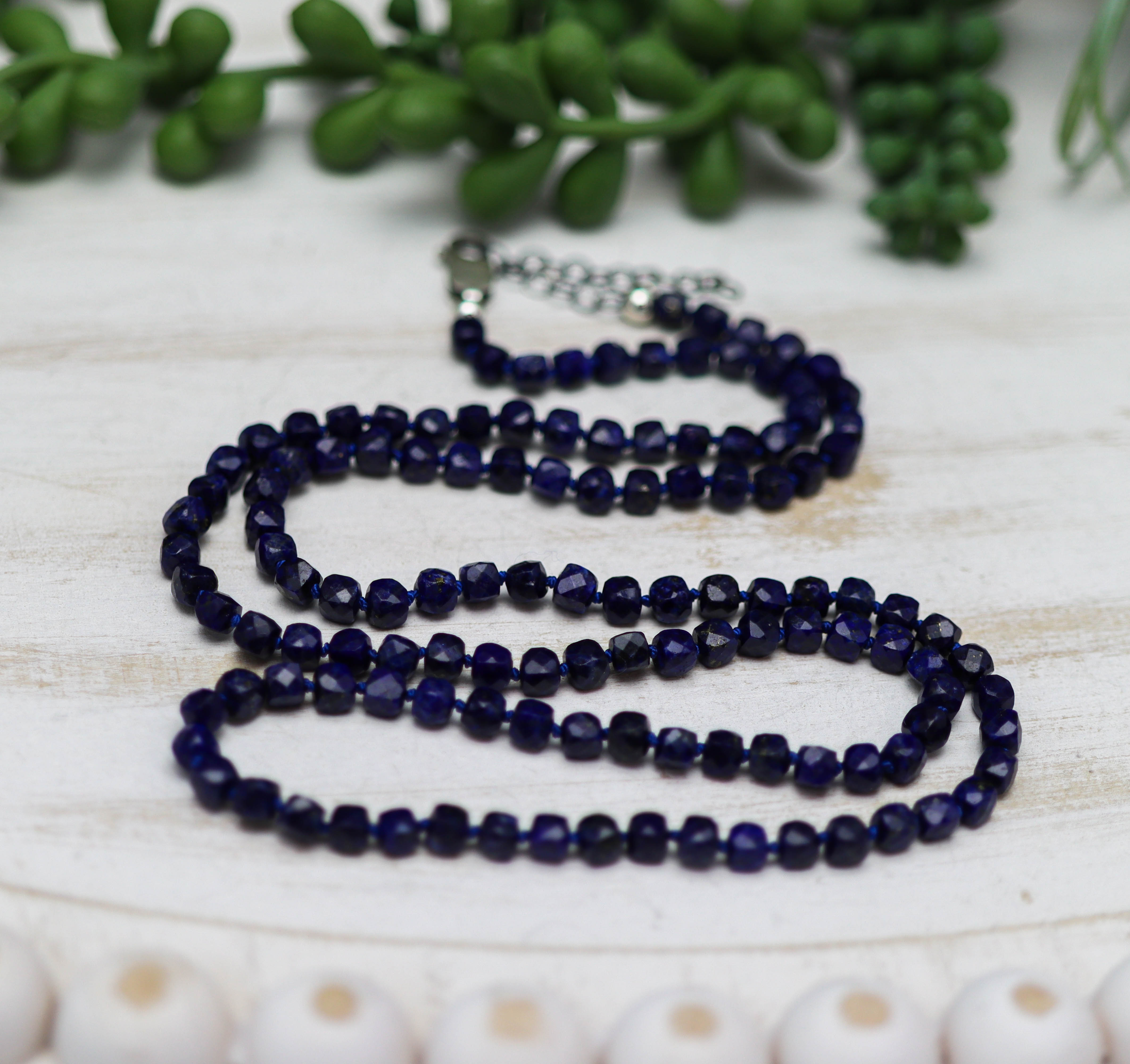 Blue Lapis Hand Knotted Bead Necklace Sterling Silver