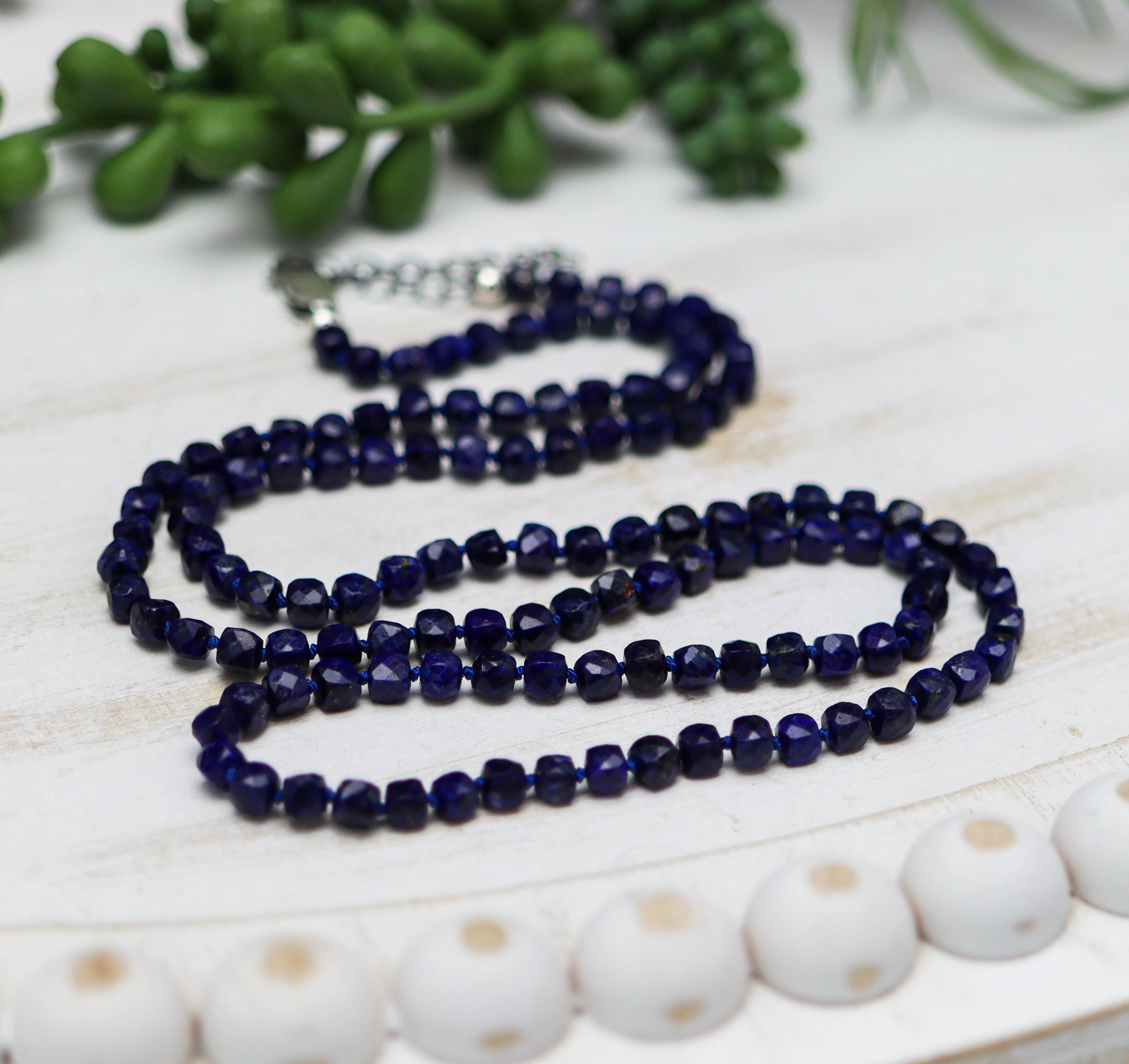 Blue Lapis Hand Knotted Bead Necklace Sterling Silver