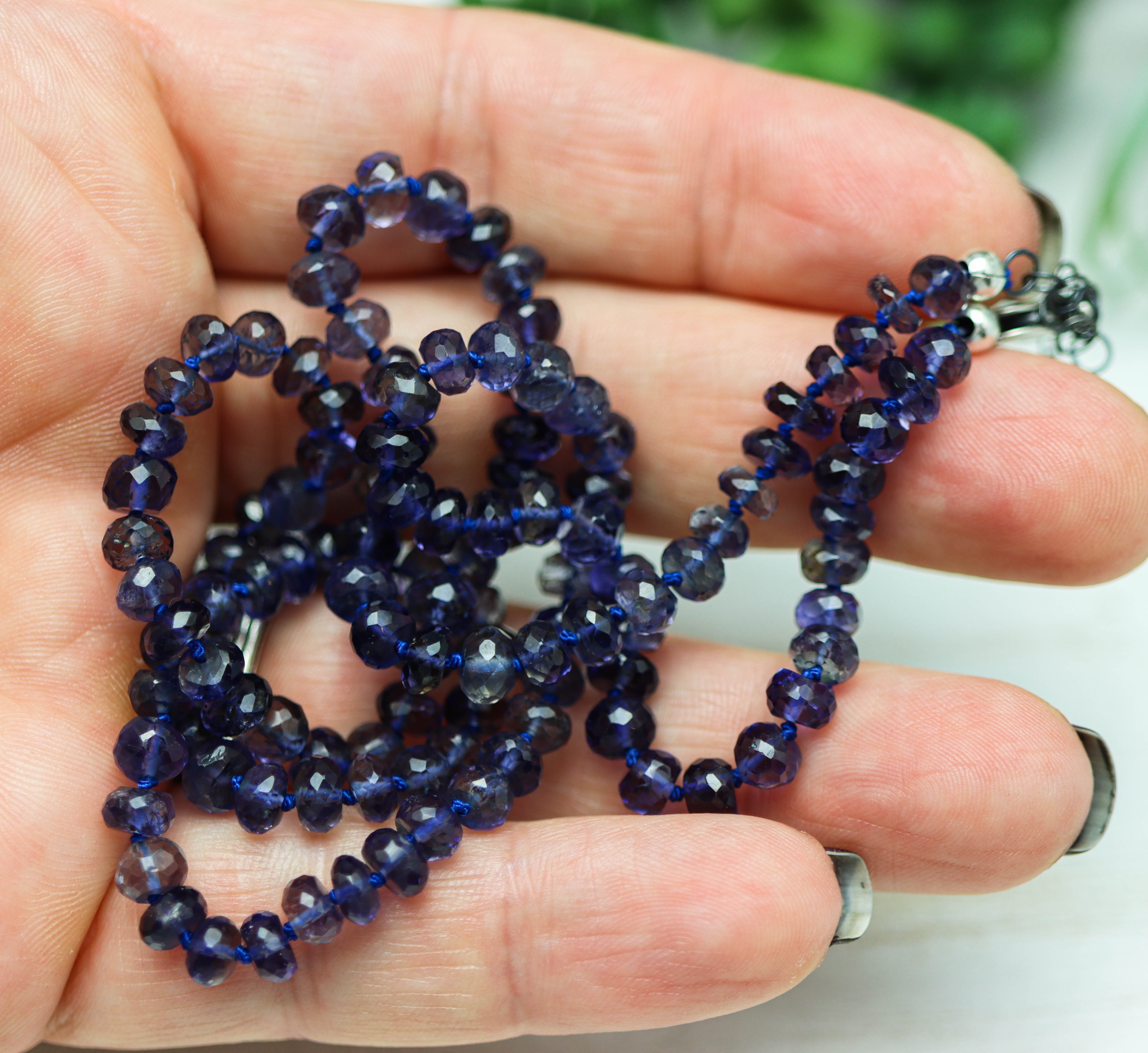 Blue Violet Iolite Hand Knotted Bead Necklace Sterling Silver 21 inch