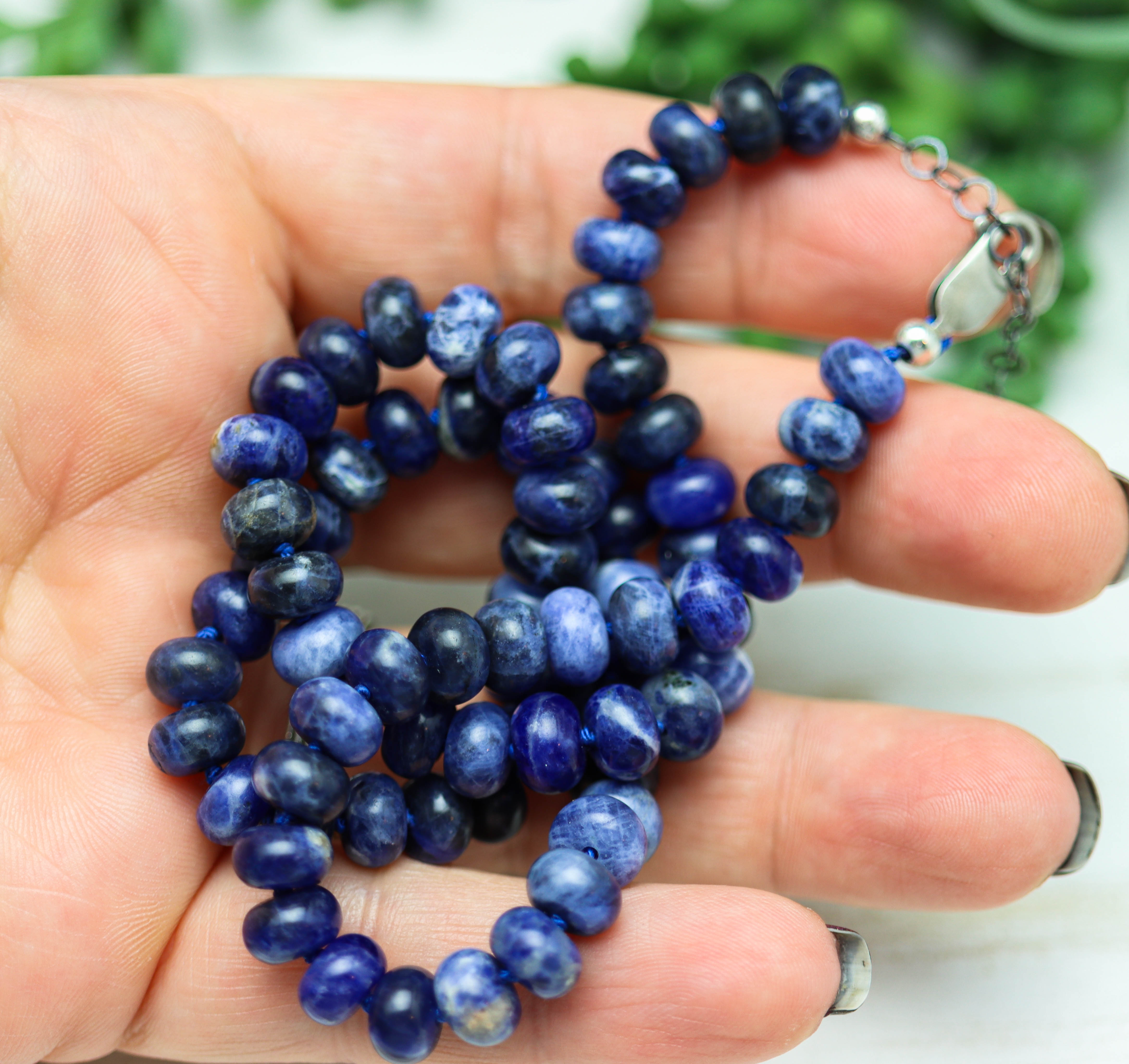 Blue Sodalite Hand Knotted Bead Necklace Sterling Silver