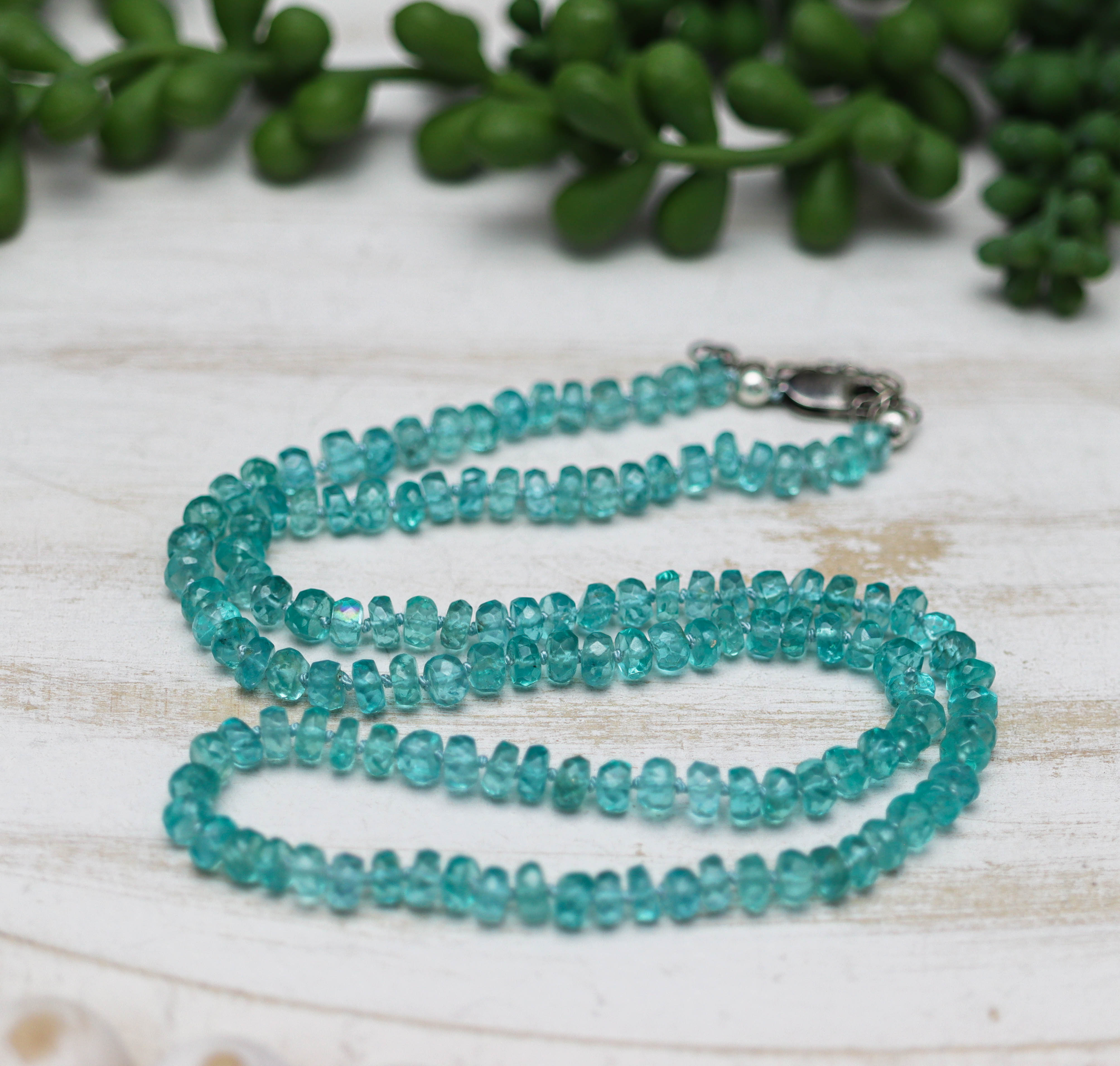 Neon Blue Apatite Hand Knotted Bead Necklace Sterling Silver