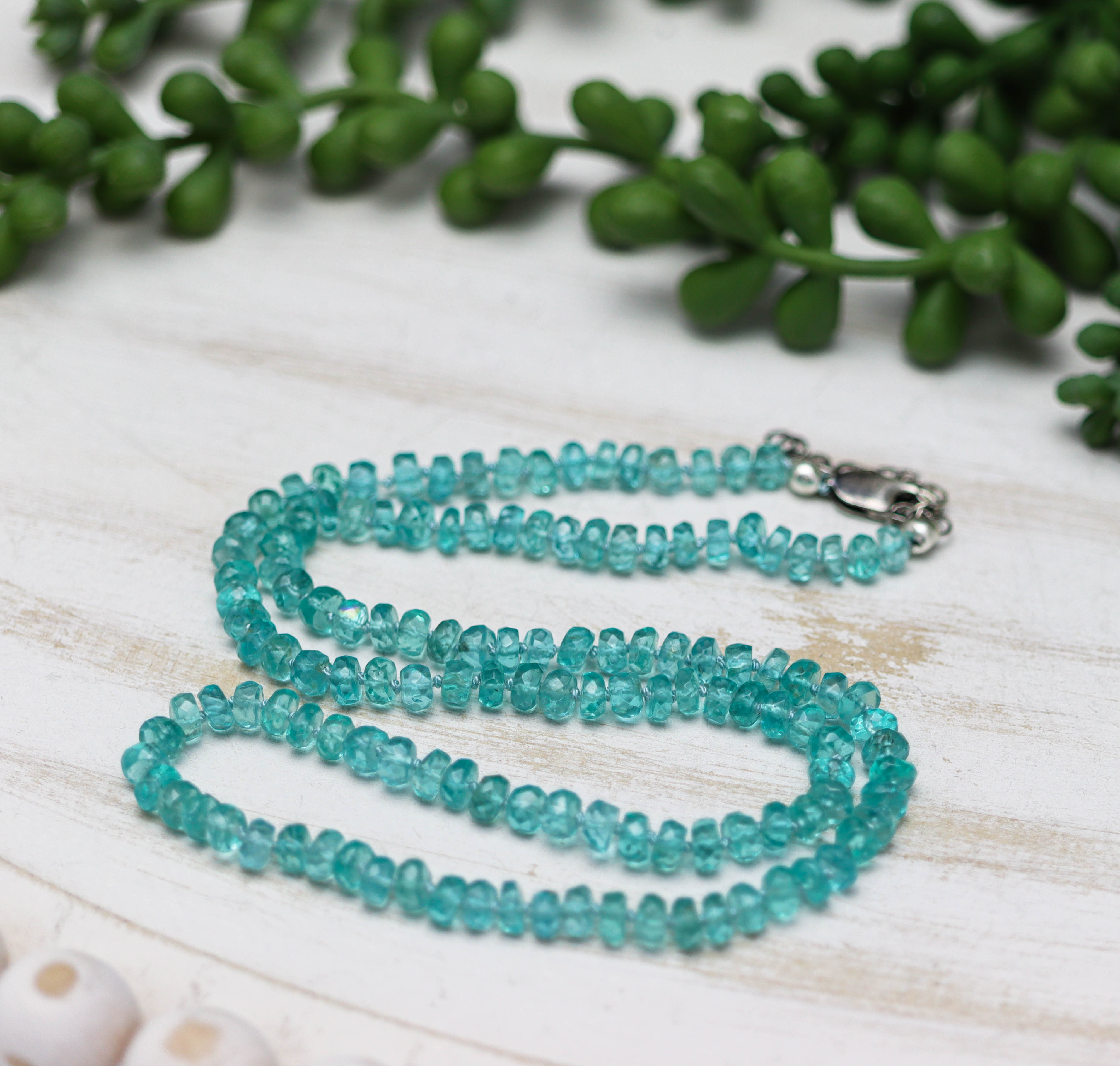 Neon Blue Apatite Hand Knotted Bead Necklace Sterling Silver